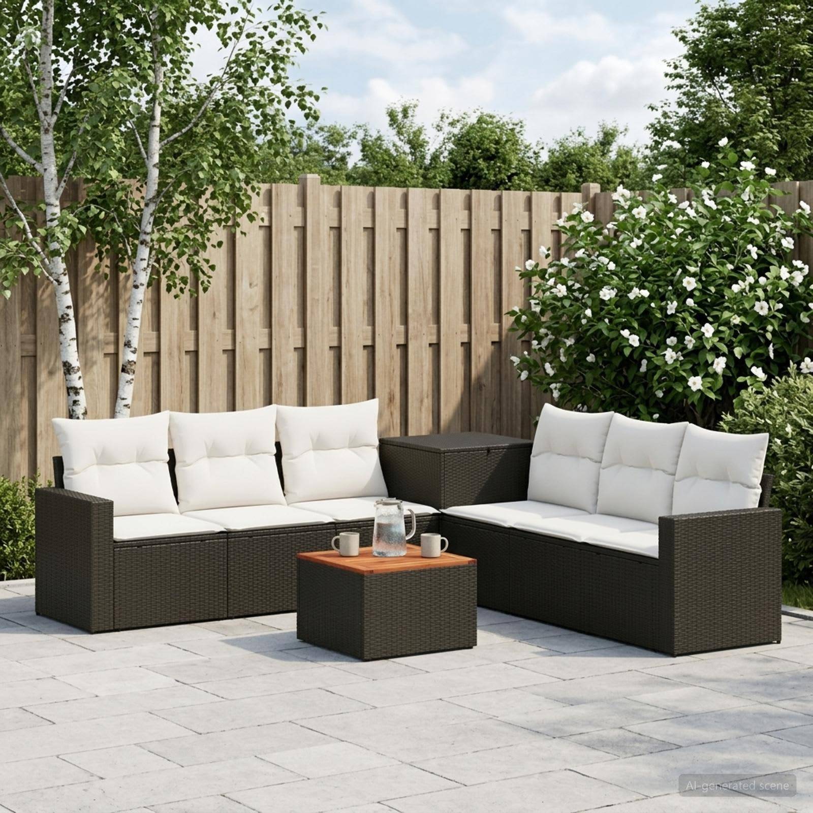 Gartenmöbel-Sitzgarnitur mit dunklem Rattan-Ecksofa, weißen Kissen und Couchtisch auf einer Steinterrasse in einem Garten.