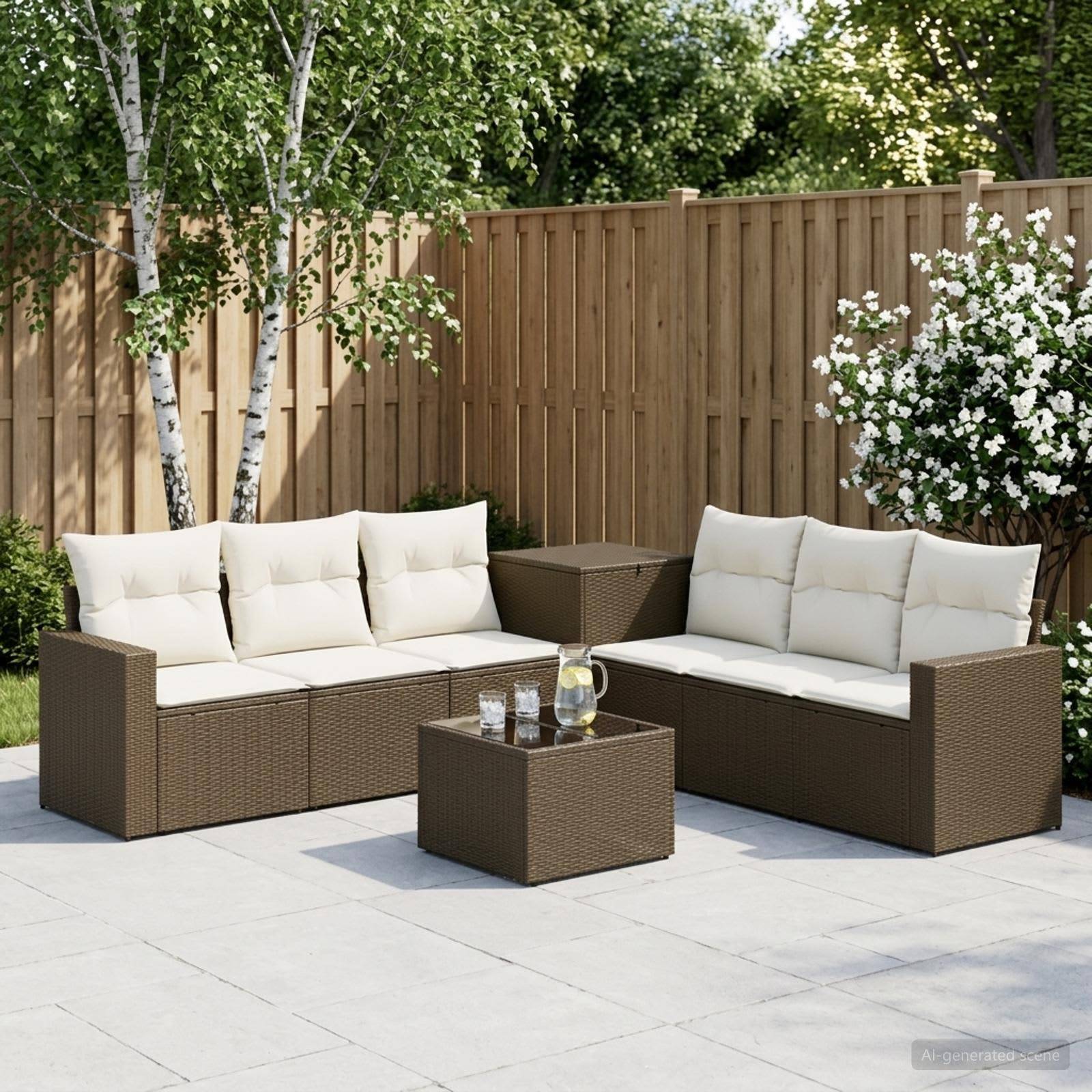 Outdoor-Sitzbereich der Terrasse mit zwei braunen Rattansofen, einem kleinen quadratischen Tisch und weißen Kissen vor einem Holzzaun und blühenden Sträuchern.