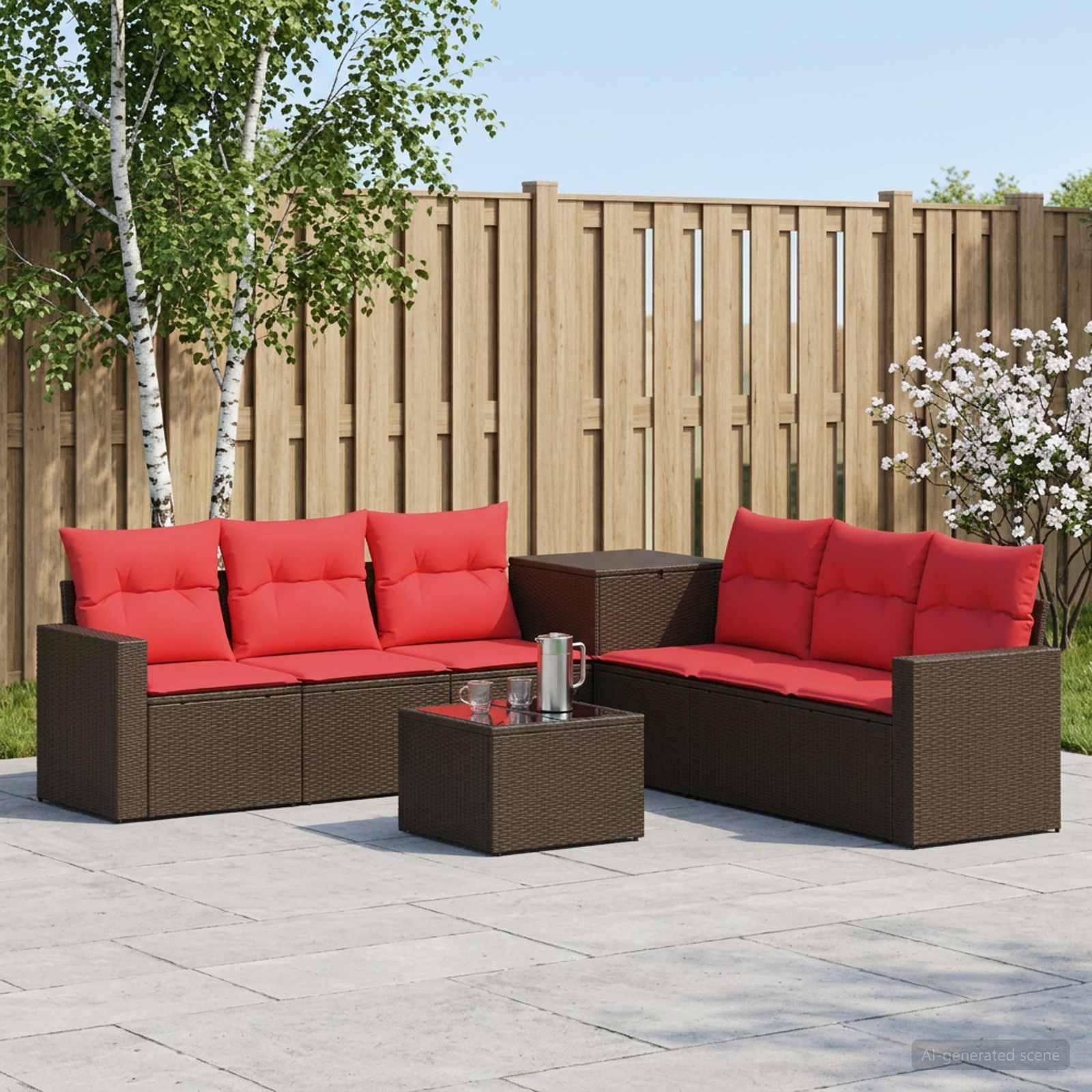 Zwei rot gepolsterte Gartenkorbmöbel-Sofas mit einem passenden Couchtisch auf einer Terrasse, vor einem Holzzaun und Bäumen.