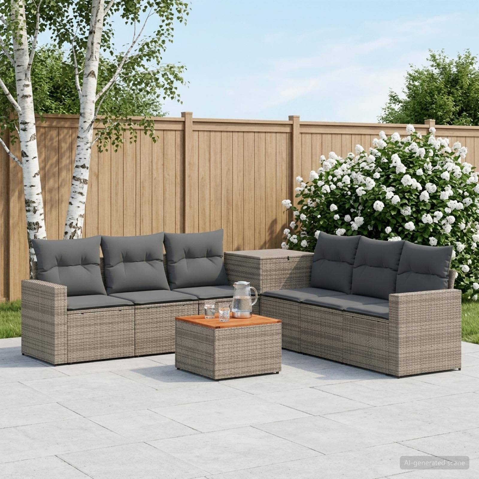 Gartenbestuhlung für die Terrasse mit zwei grauen Polyrattan-Sofas, passendem Hocker und Couchtisch auf einer gefliesten Terrasse neben einem Holzzaun und blühenden Sträuchern.