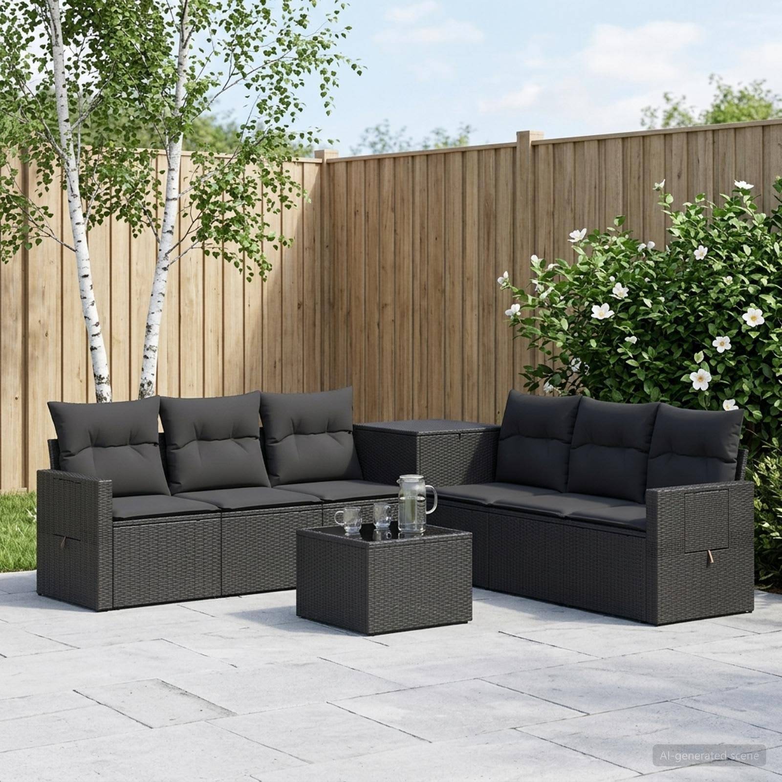 Outdoor-Terrasse mit zwei dunklen Rattansofa und einem quadratischen Couchtisch, angeordnet in einem eingezäunten Gartensitzbereich.