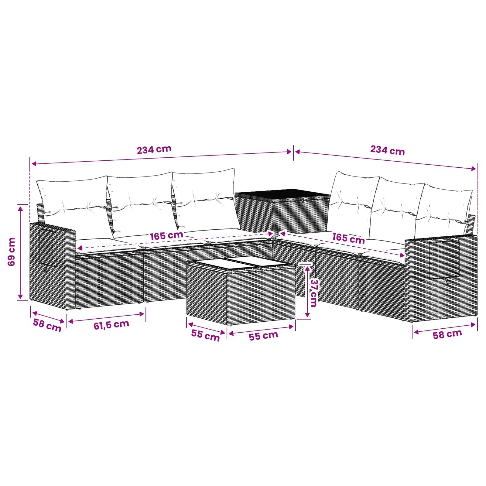 Diagramm eines Polsterecksofa aus Geflecht mit Kissen und Couchtischen, beschriftet mit Abmessungen: 234 cm je Seite, 165 cm Sitzfläche, 69 cm Rückenhöhe, 37 cm Tischhöhe, 55 cm Tischbreite, 58 cm Tiefe.