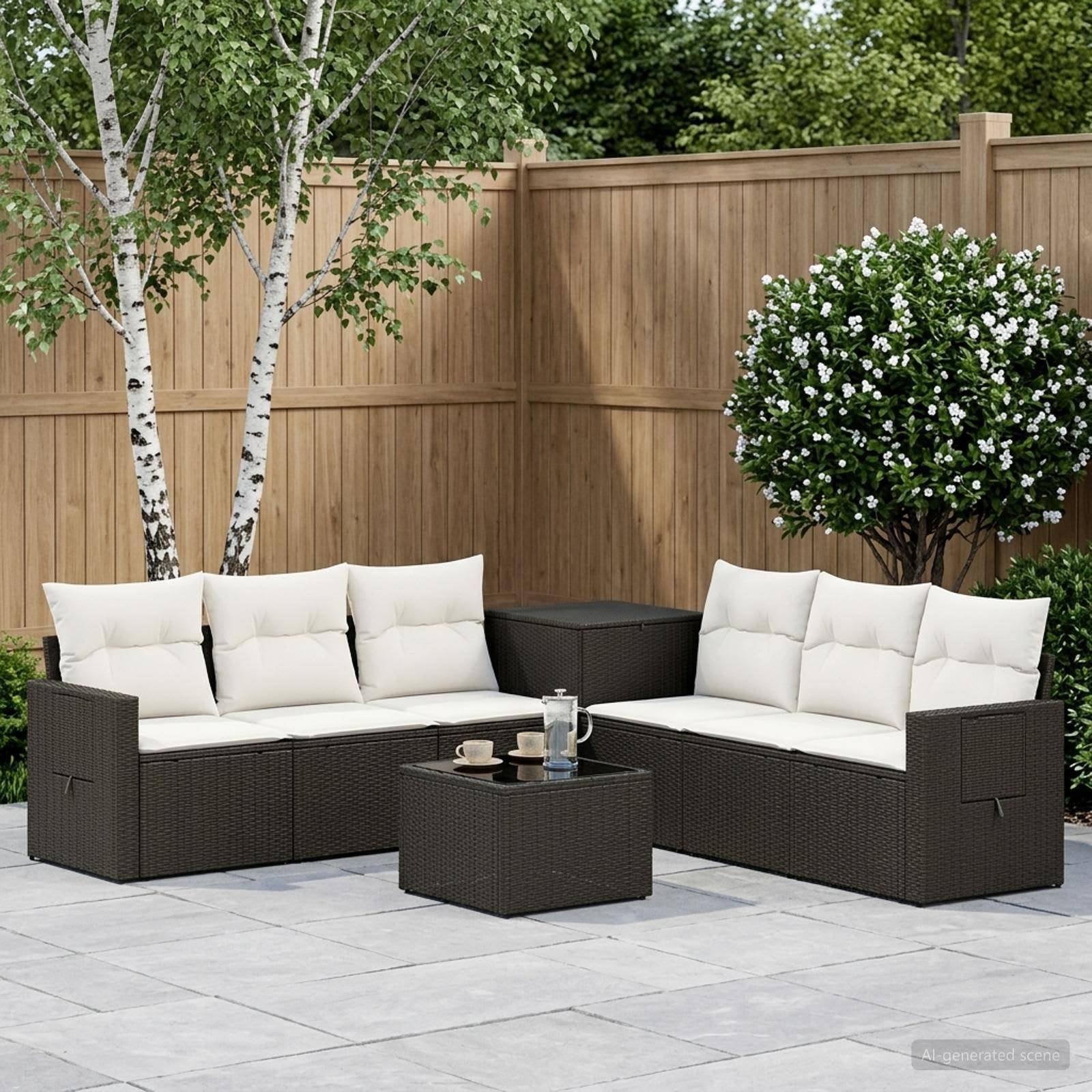 Außenbereich-Sitzmöbel mit zwei dunklen Rattansessel, passendem Couchtisch und kleinem Beistelltisch auf einer gefliesten Terrasse neben einem Holzzaun und Bäumen.