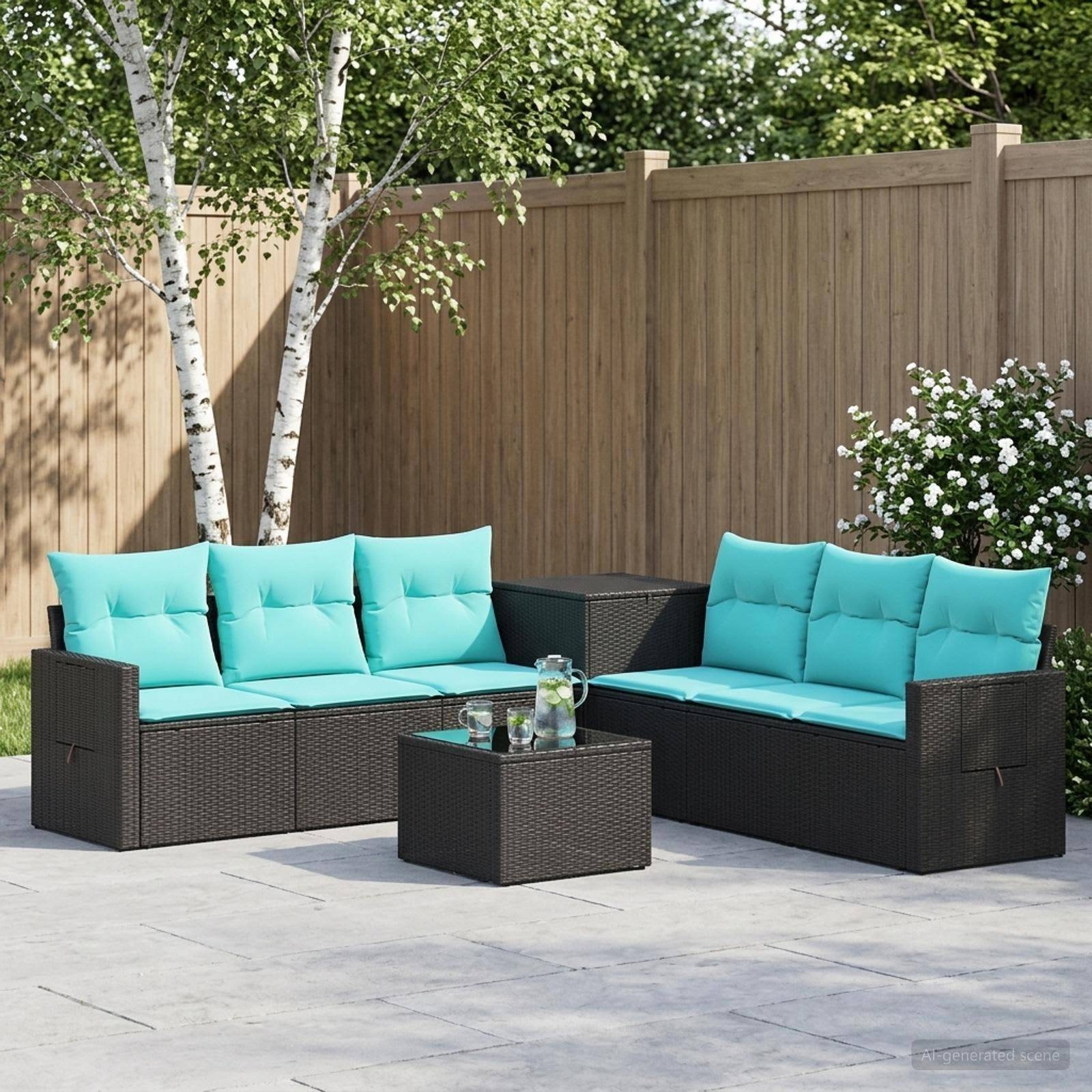 Outdoor-Terrassenmöbel-Set mit zwei schwarzen Rattansofas, türkisfarbenen Kissen und einem passenden quadratischen Couchtisch neben einem Holzzaun und Bäumen.