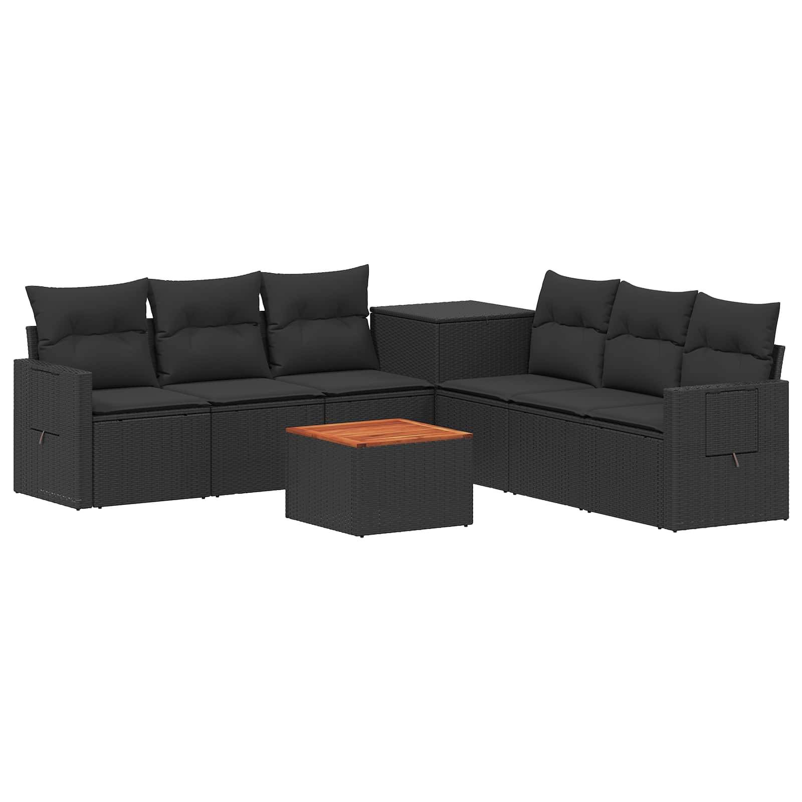 Schwarze Außensektionalsofa-Garnitur mit Kissen und einem kleinen quadratischen Couchtisch auf weißem Hintergrund.