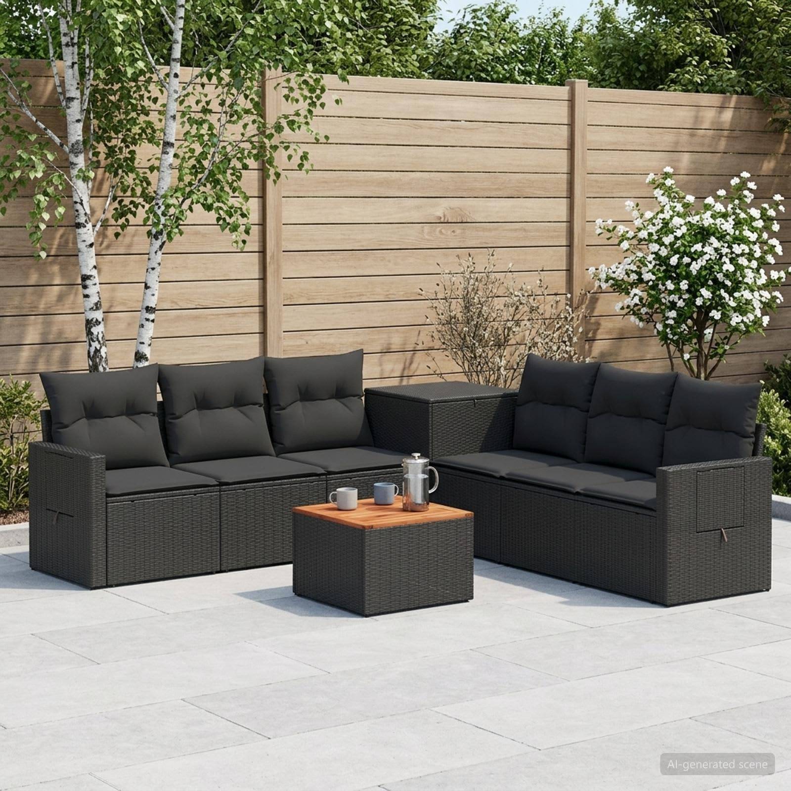 Gartenlounge-Set für die Terrasse mit zwei schwarzen Rattankörpersofas und einem kleinen Couchtisch auf einer gefliesten Terrasse neben einem Holzzaun und blühenden Sträuchern.