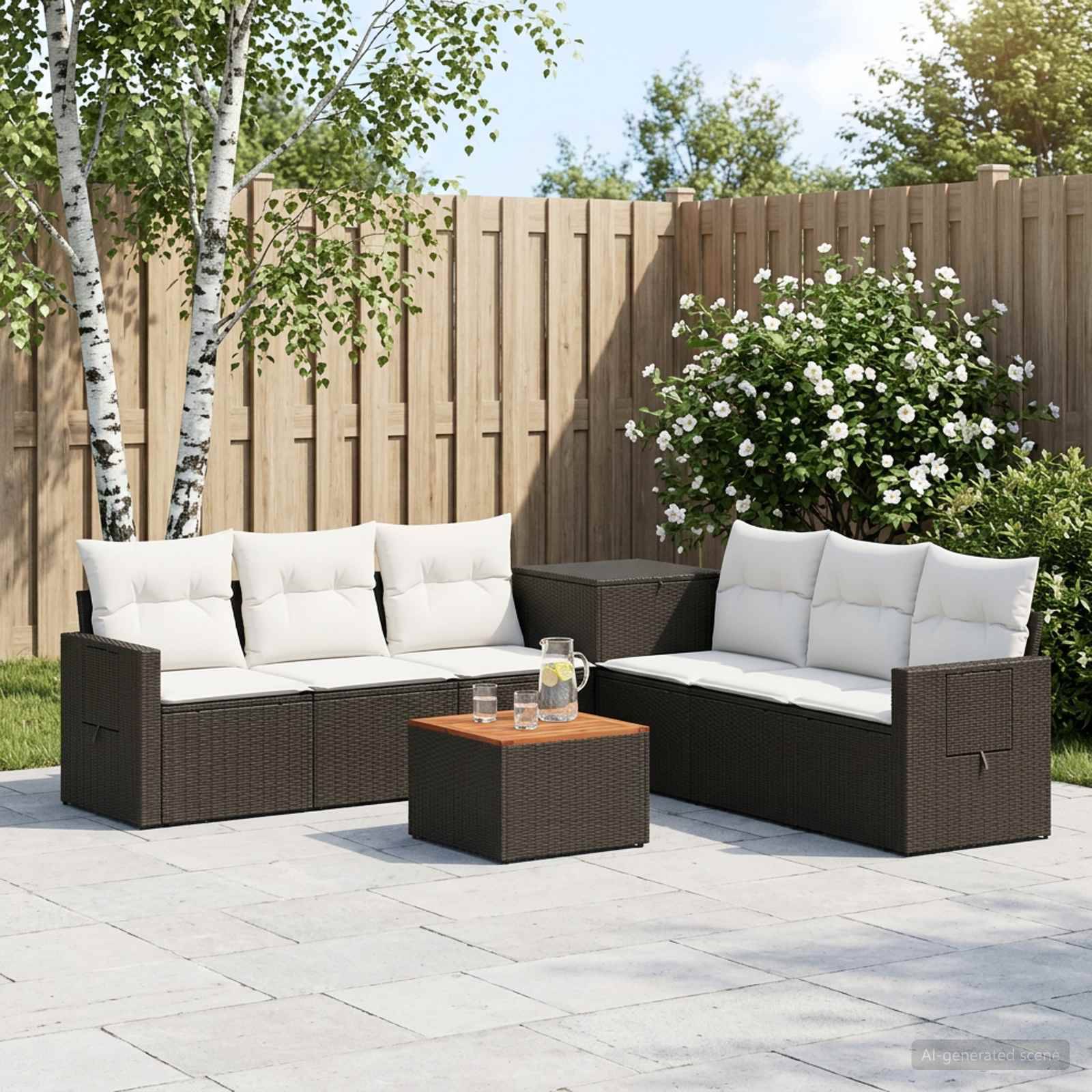 Outdoor-Sitzmöbel-Set für die Terrasse mit zwei Korbsofas, einem Couchtisch und einem Beistelltisch, angeordnet auf einem gepflasterten Hof neben einem Holzzaun, Bäumen und blühenden Sträuchern.