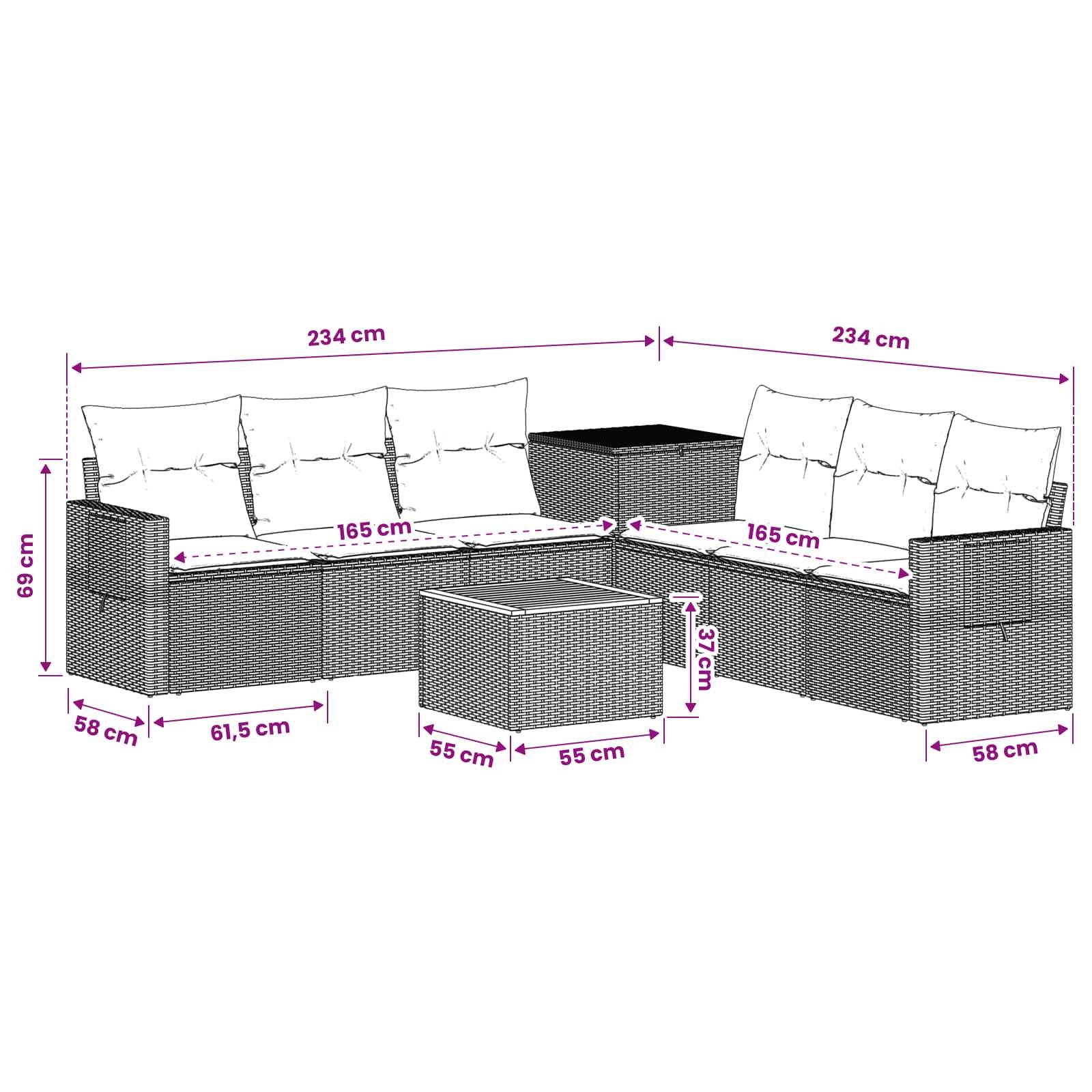 Diagramm eines L-förmigen Korbmöbel-Terrassensofas mit Kissen, Ecktisch und Couchtisch, beschriftet mit Abmessungen für jeden Bereich.