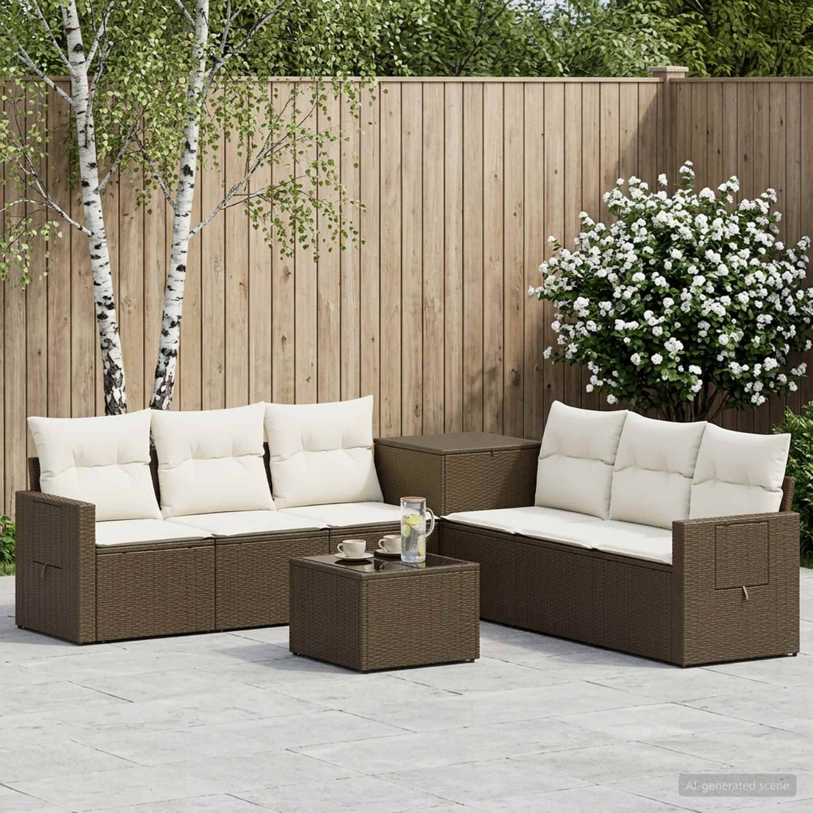 Outdoor-Sitzmöbel-Set mit zwei braunen Rattansofas, cremefarbenen Kissen und einem kleinen Couchtisch auf einer gepflasterten Terrasse neben einem Holzzaun und einem blühenden Strauch.
