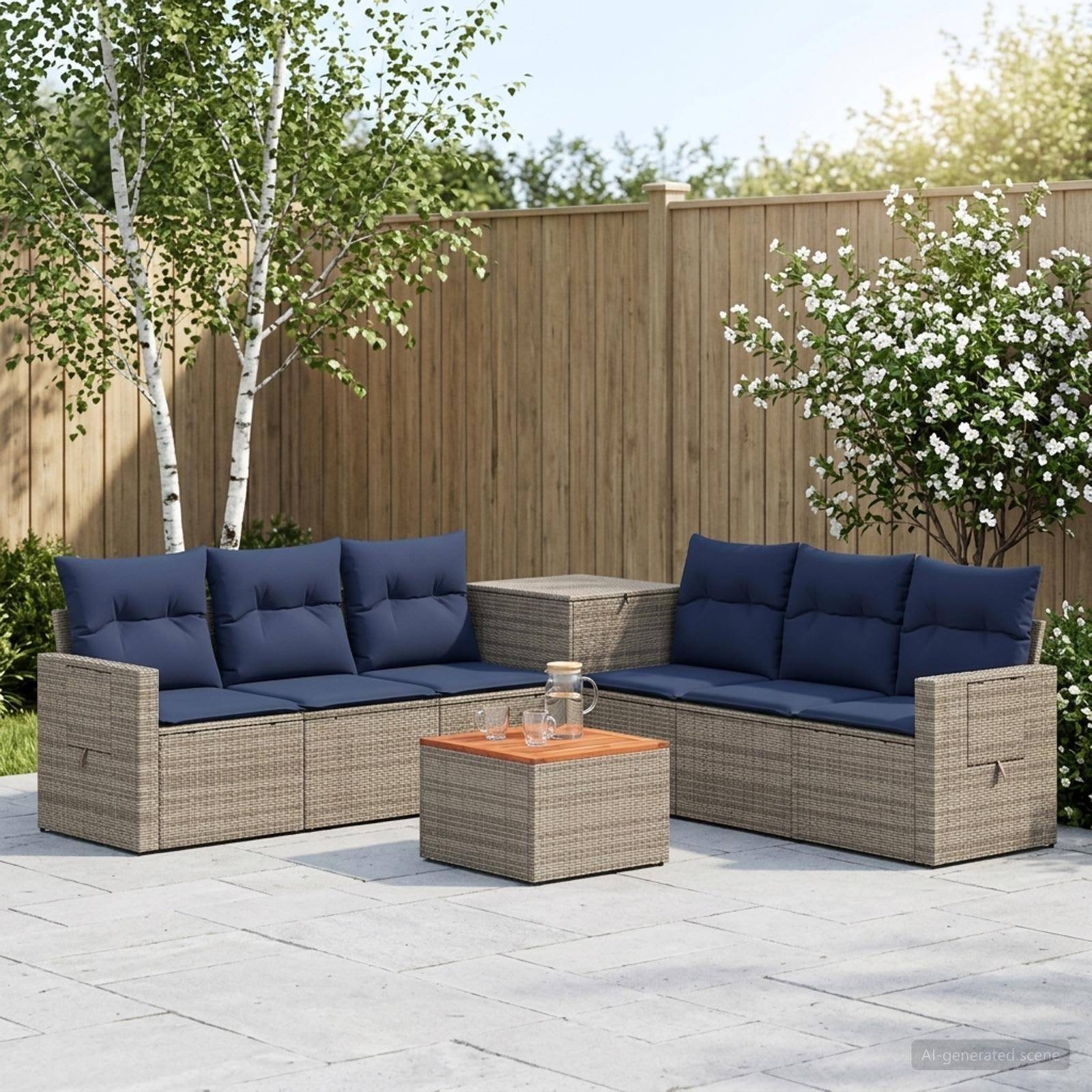 Terrassenset im Freien mit zwei grauen Korbsofas, marineblauen Kissen und einem passenden Couchtisch auf einer Steinterrasse neben einem Holzzaun und blühenden Sträuchern.