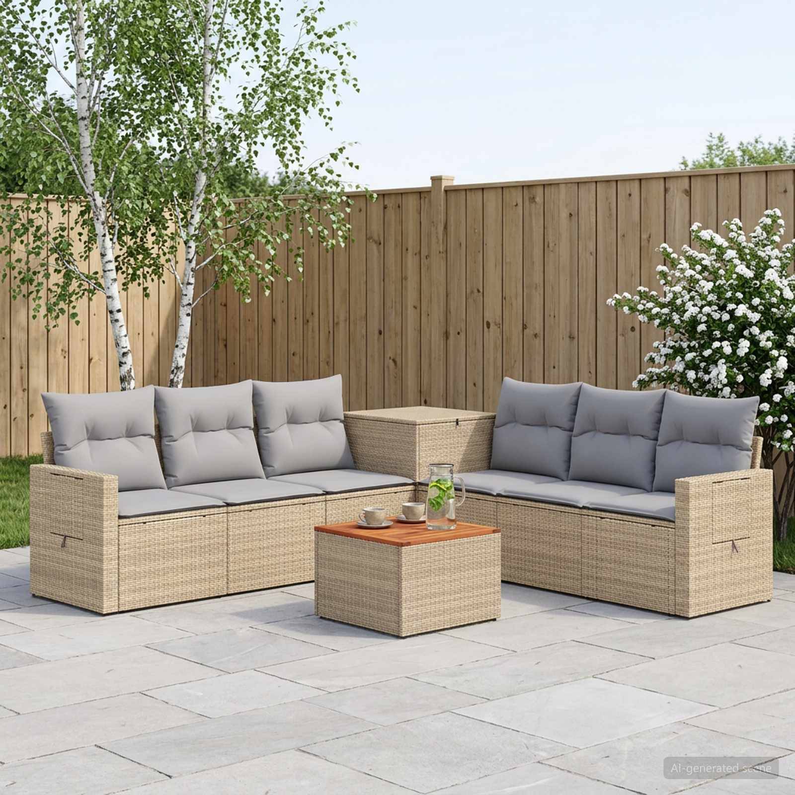 Gartenset für die Terrasse mit zwei beigen Korbsofas, grauen Kissen und einem passenden Couchtisch auf Steinplatten in einem eingezäunten Hinterhof.