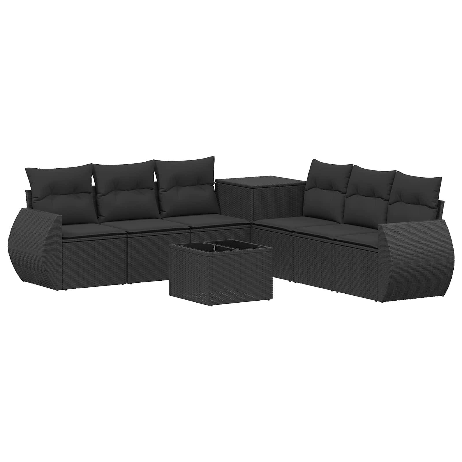 Schwarzes Outdoor-Sectional-Sofaset mit zwei gebogenen Zweisitzern, Eckentisch und passendem Couchtisch auf weißem Hintergrund