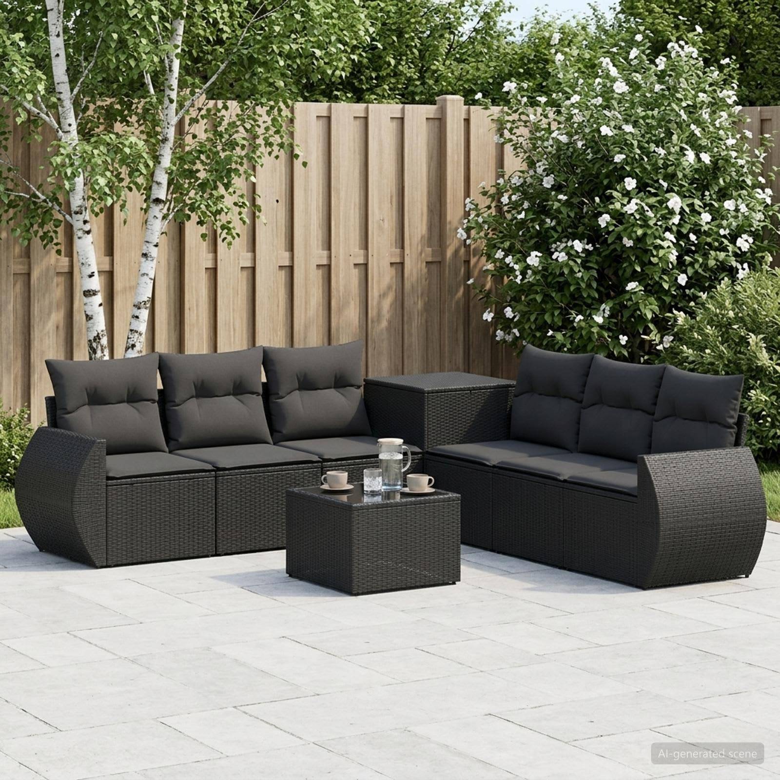 Sitzgruppe für Außenterrasse mit zwei dunklen Rattansofas, Couchtisch und Beistelltisch auf einer gepflasterten Terrasse mit Bäumen und Holzzaun.