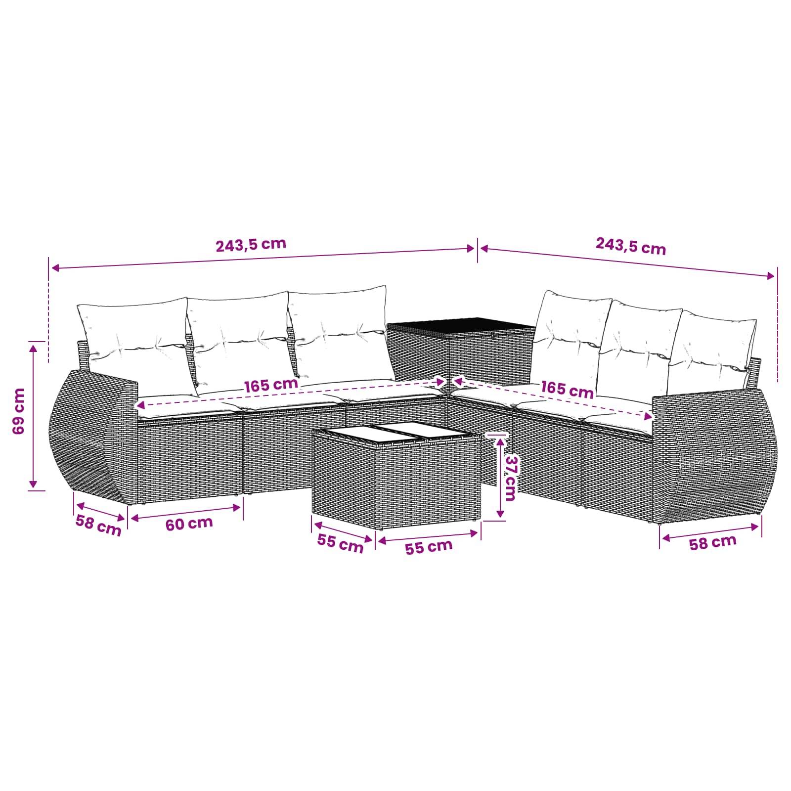 Diagramm eines L-förmigen Outdoor-Rattansofas mit Kissen, mit folgenden Abmessungen: 243,5 cm Seitenlängen, 165 cm Sitzfläche, 69 cm Rückenhöhe, 58 cm Armtiefe, 37 cm Tischhöhe.