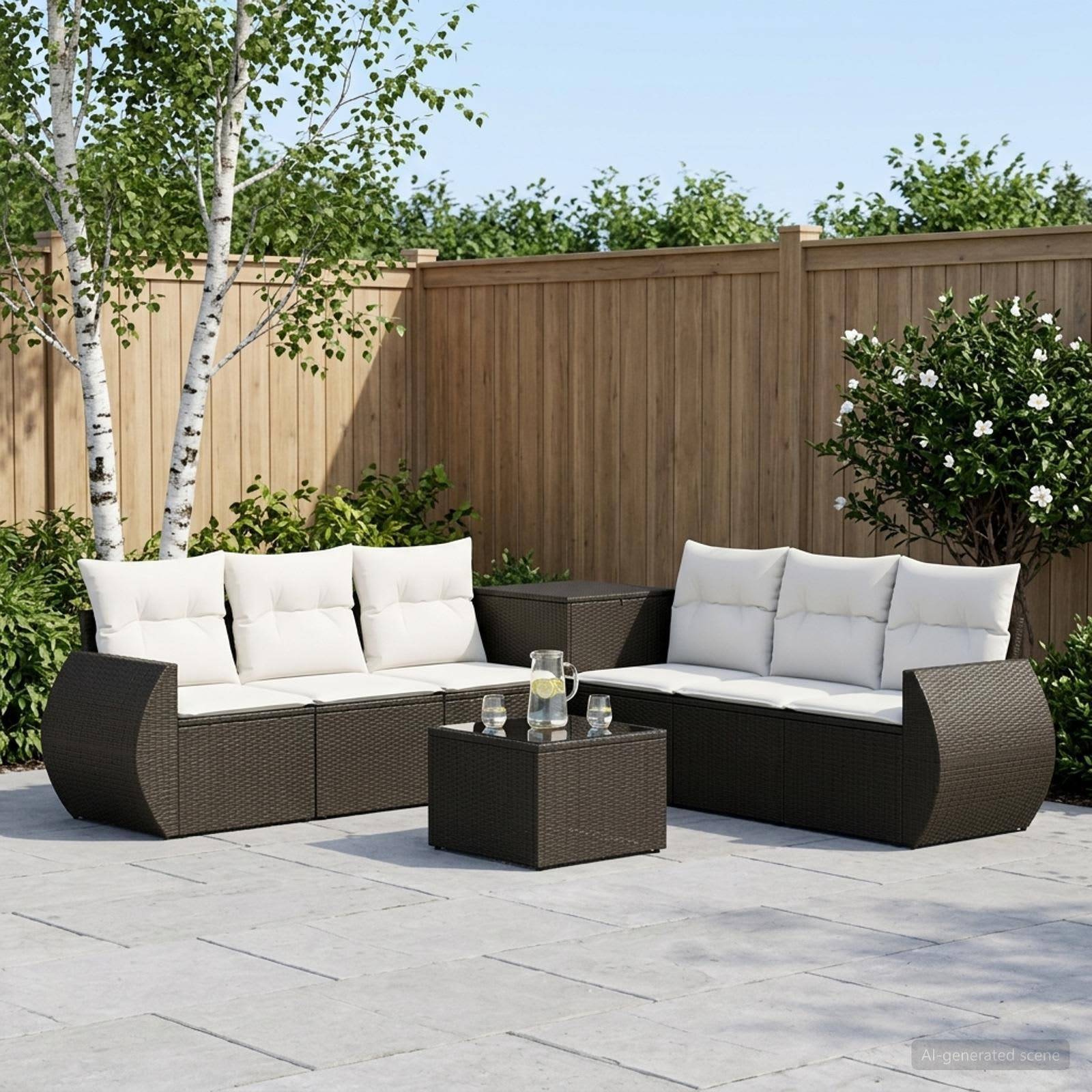 Gartenmöbel-Set im Freien mit zwei dunklen Rattansofas, weißen Kissen, einem Couchtisch und Topfbäumen vor einem Holzzaun.