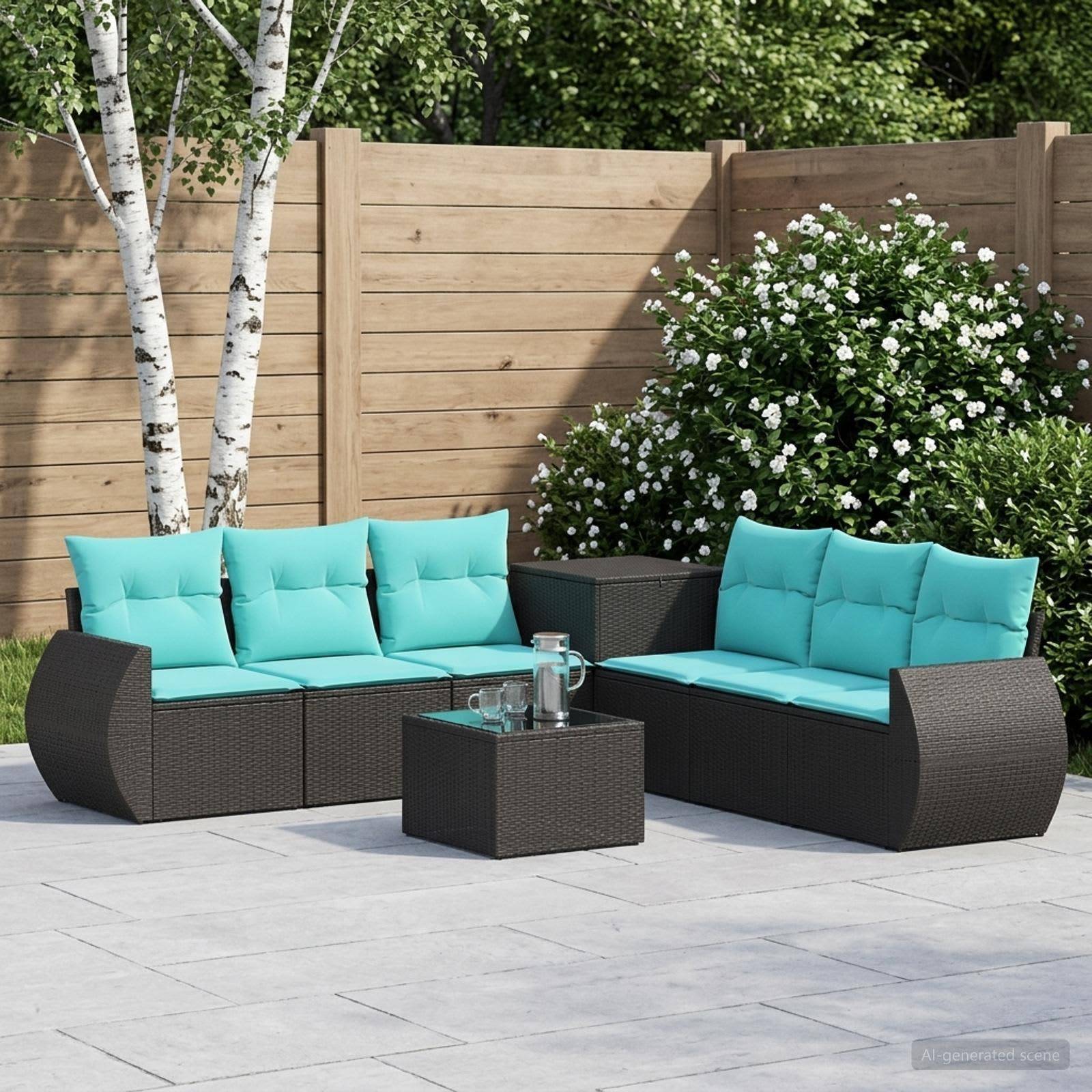 Gartenteiliset mit zwei dunklen Rattansofen, türkisfarbenen Kissen und einem kleinen Couchtisch in einem umzäunten Garten.