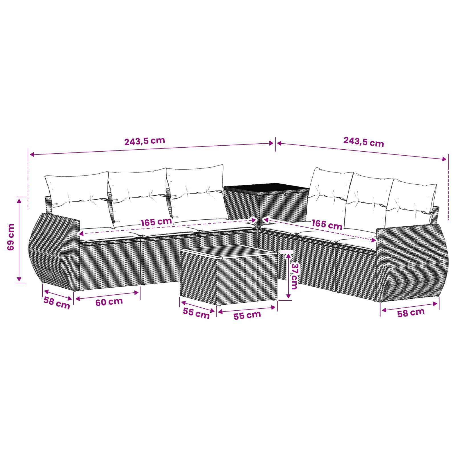 Dimensionsdiagramm einer L-förmigen Outdoor-Rattansektional-Sofagarnitur mit Couchtisch, das die Gesamtbreite, Sitzhänge, Tiefe und Höhe in Zentimetern zeigt.