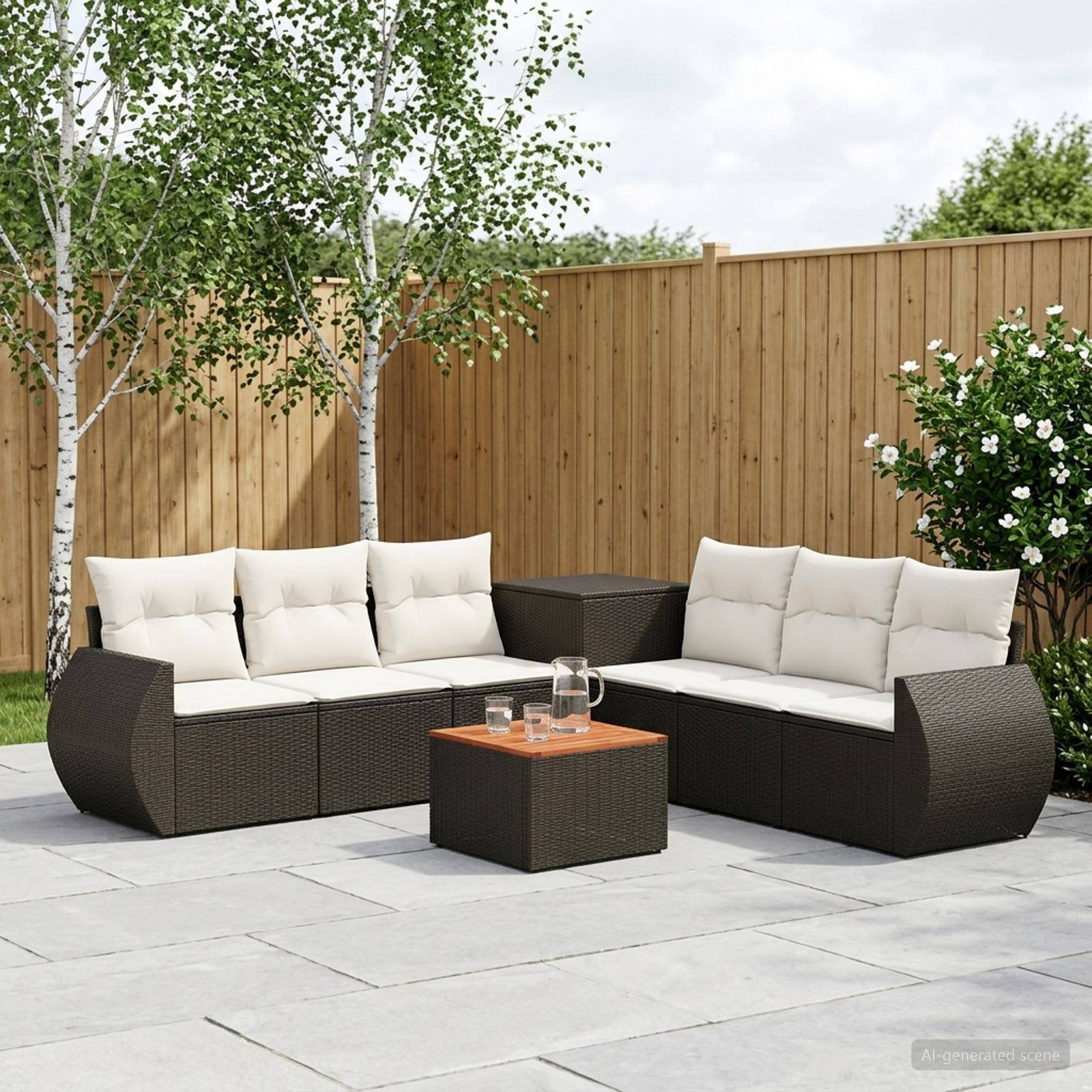 Gartenplatz-Sitzmöbelset mit zwei dunklen Korbsofas, cremefarbenen Kissen und einem kleinen Tisch auf einem gepflasterten Hof neben einem Holzzaun und Bäumen.