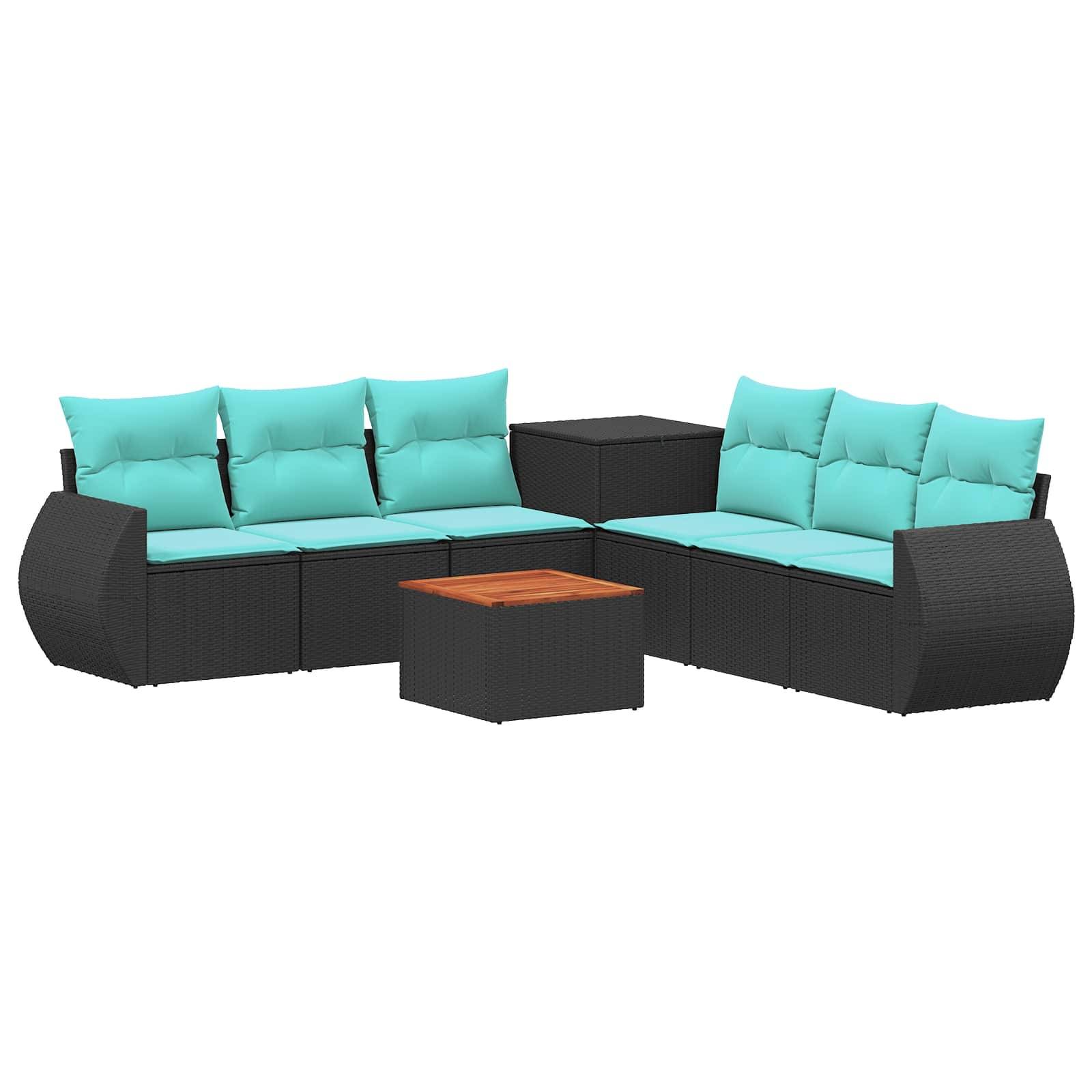 Schwarze Gartensektionalsofa-Garnitur mit türkisfarbenen Kissen und passendem Couchtisch auf weißem Hintergrund.