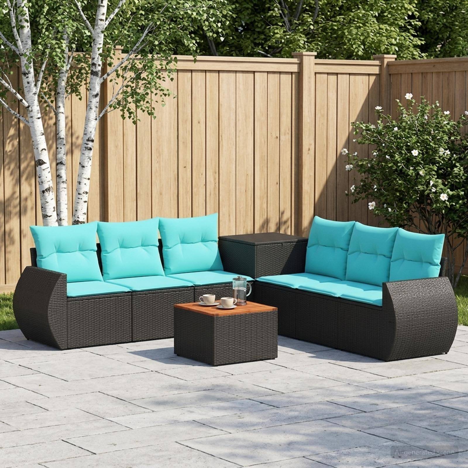 Gartensitzmöbel im Freien mit zwei schwarzen Rattansofas, türkisfarbenen Kissen und einem kleinen Couchtisch auf Steinplatten neben einem Holzzaun und Bäumen.