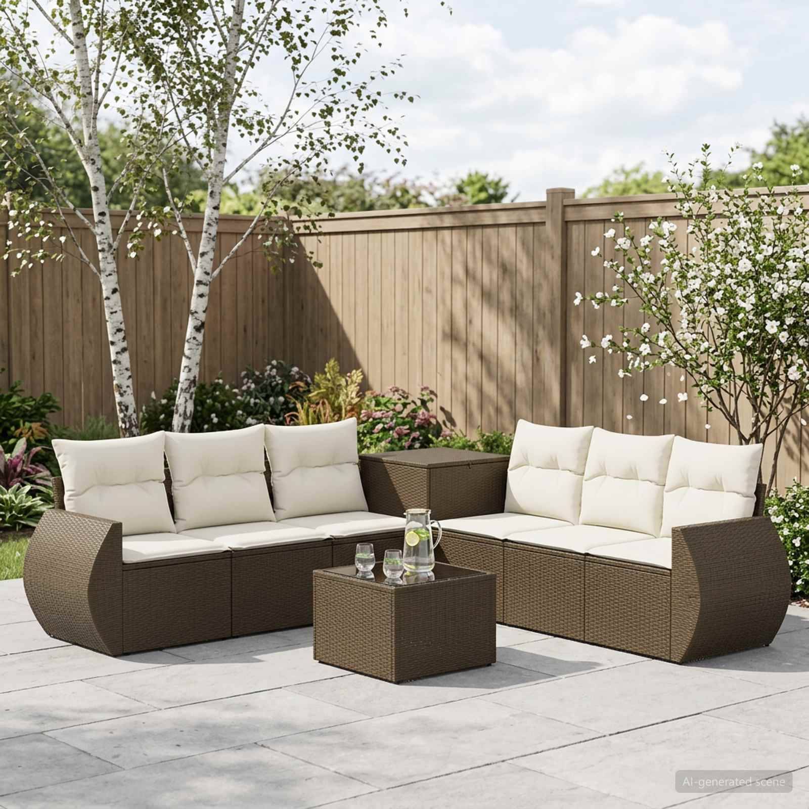 Außenbereich einer Terrasse mit zwei Rattansofas, einem kleinen Tisch und einem eingezäunten Garten im Hintergrund.