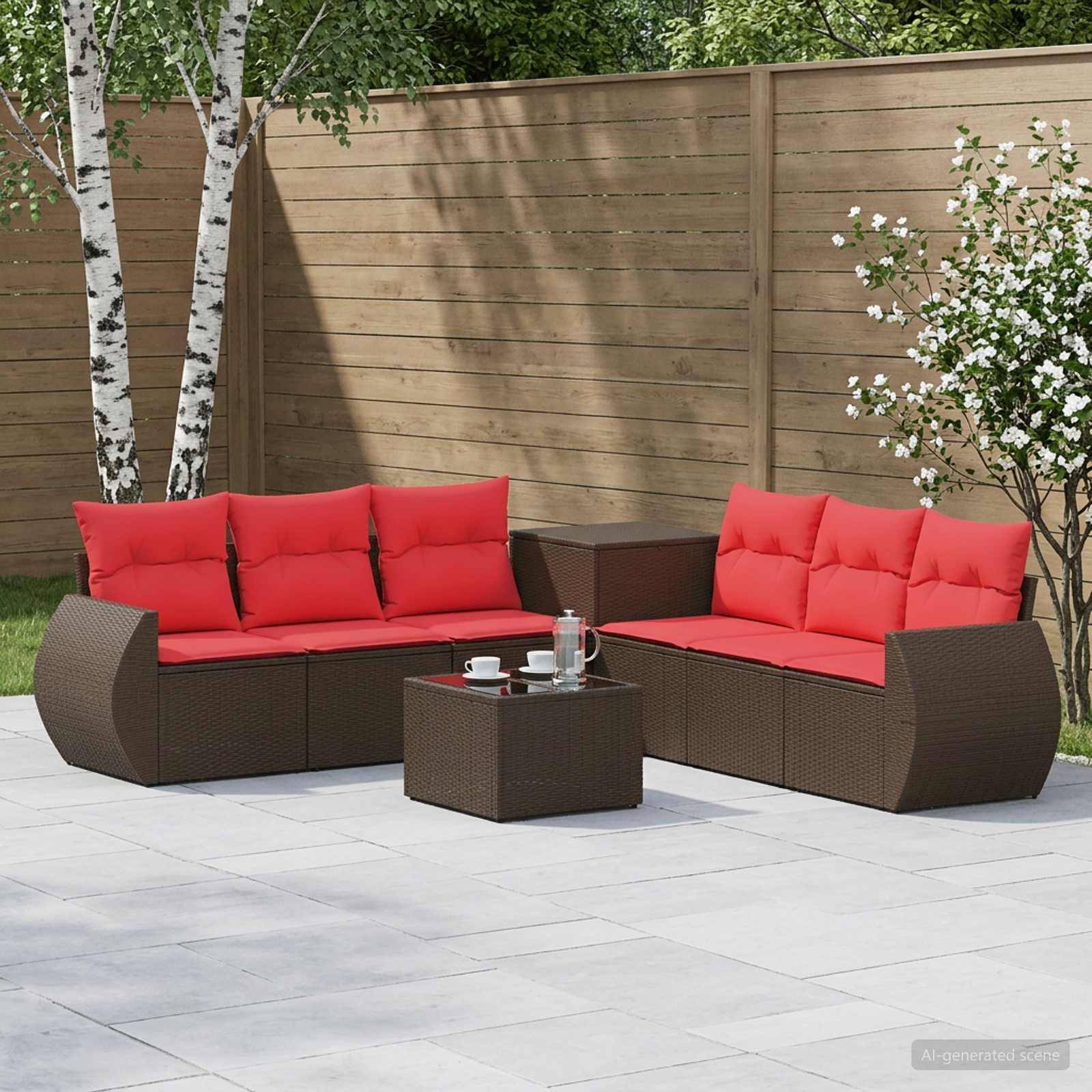 Outdoor-Sitzbereich mit zwei braunen Rattansofas, roten Kissen und einem passenden Couchtisch auf einer gekachelten Terrasse neben einem Holzzaun.