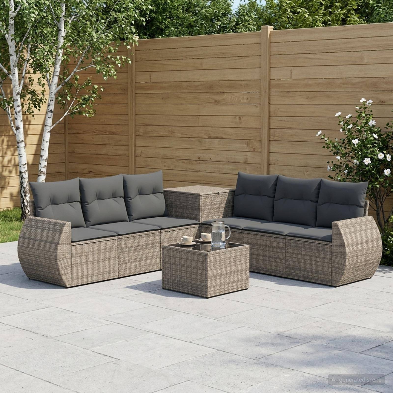 Gartenmöbel-Set im Freien mit zwei Korb-Sectional-Sofas und einem passenden Couchtisch auf einer Steinplattform, vor einem Holzzaun und Bäumen.