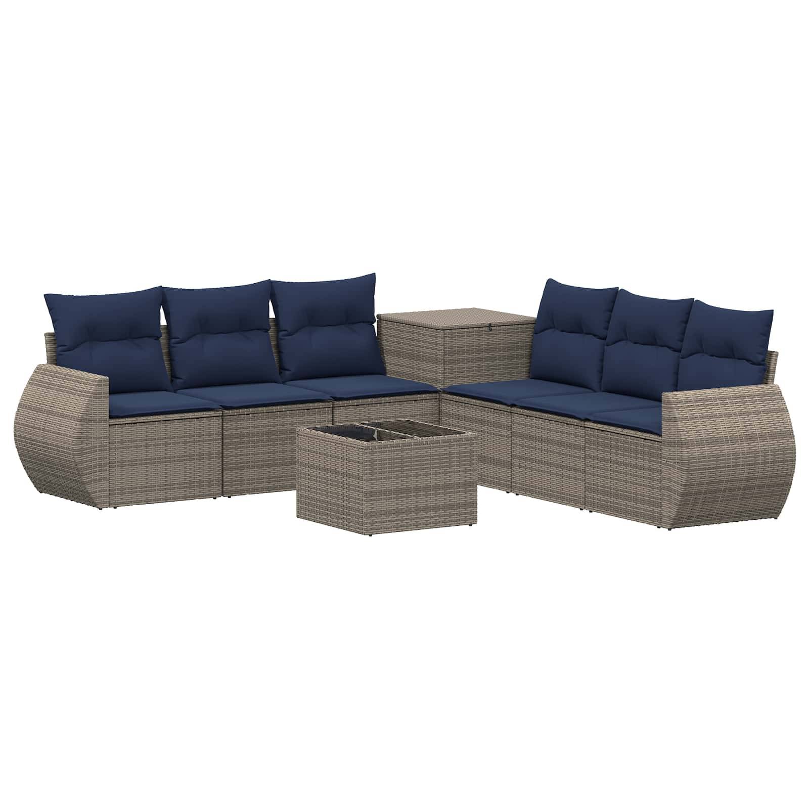 Outdoor-Korbmöbel-Loungeset aus Polyrattan mit marineblauen Kissen, bestehend aus zwei Eckbänken, zwei Beistelltischen und einem passenden Couchtisch.