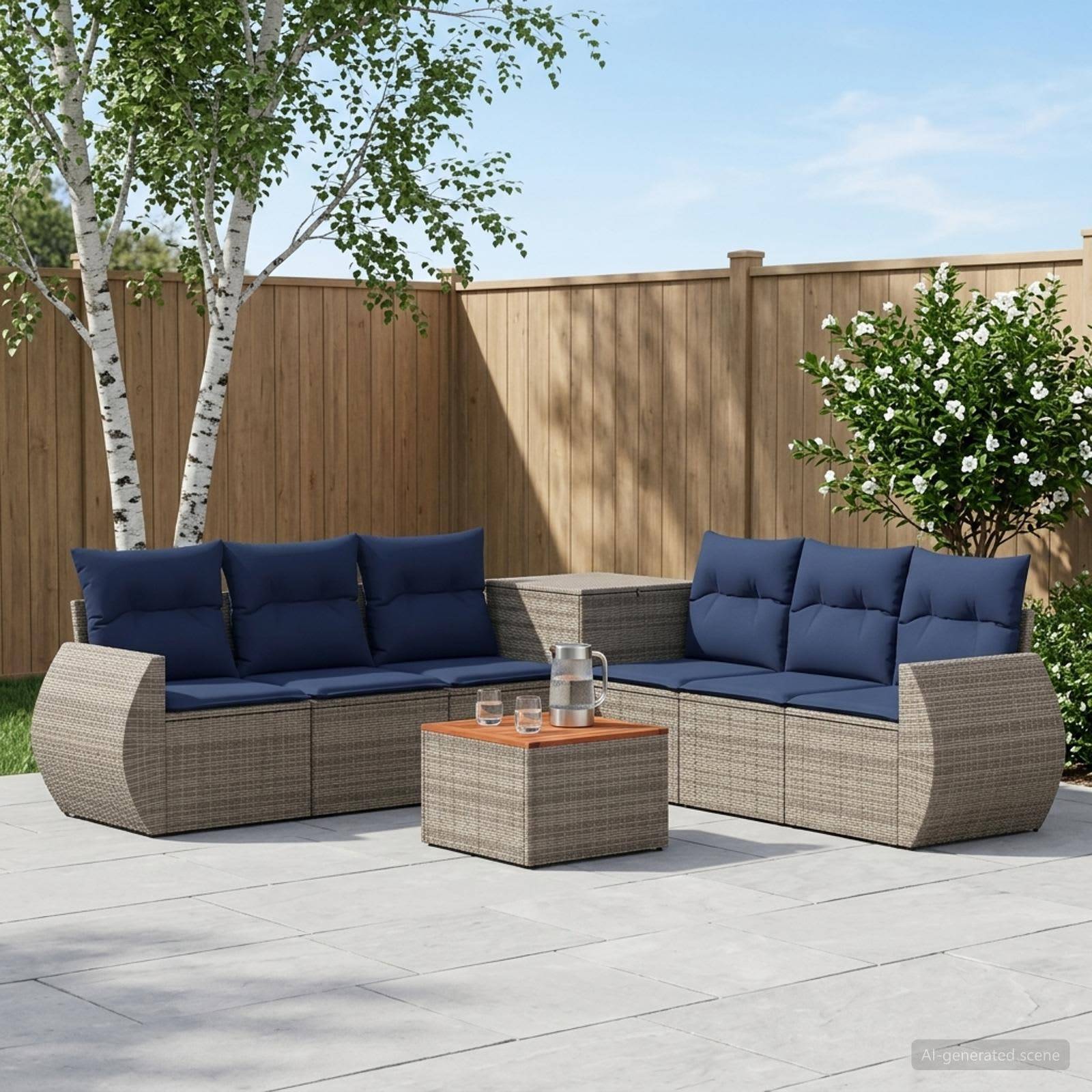 Außenbereich-Sitzgarnitur mit zwei Korbsofas, marineblauen Kissen und einem passenden Couchtisch auf einer gepflasterten Terrasse im Hinterhof.