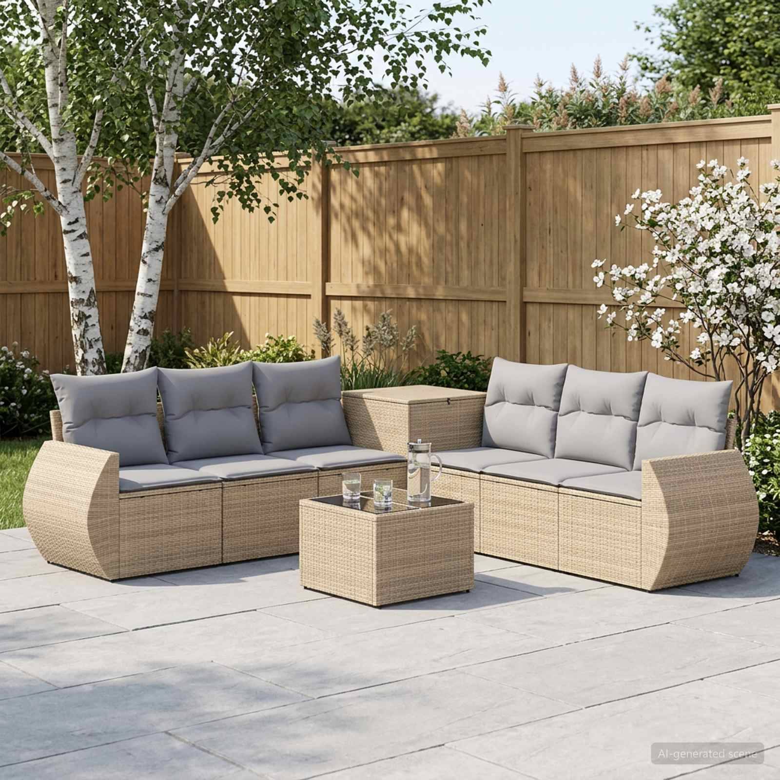 Zwei beige Korb-Gartensofas mit grauen Kissen um einen passenden quadratischen Couchtisch auf einer Terrasse, neben einem Holzzaun und blühenden Sträuchern.