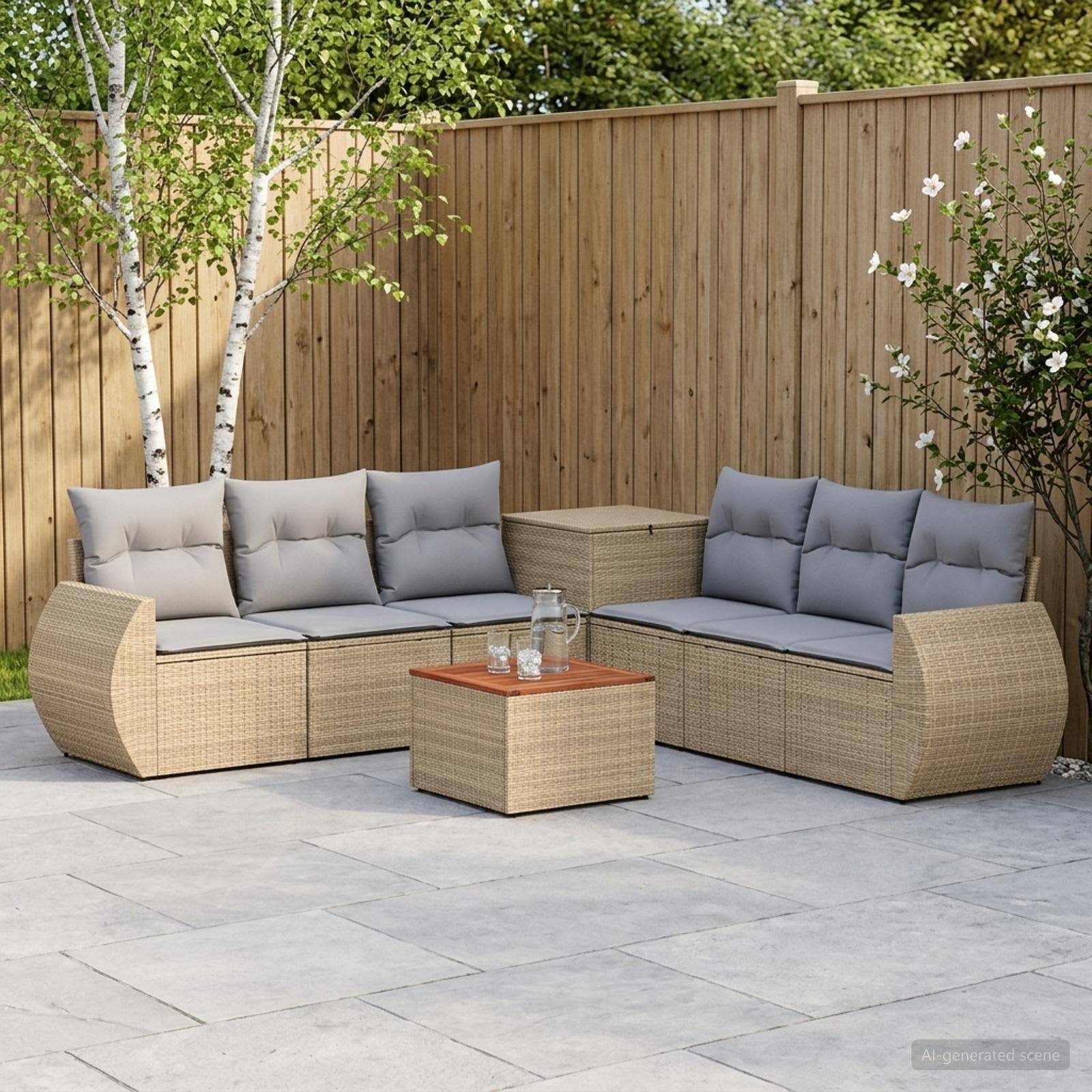 Sitzgruppe für die Außenterrasse mit Wickel-Sectional, grauen Kissen, niedrigem Tisch und Beistelltisch in einem eingezäunten Gartenbereich.