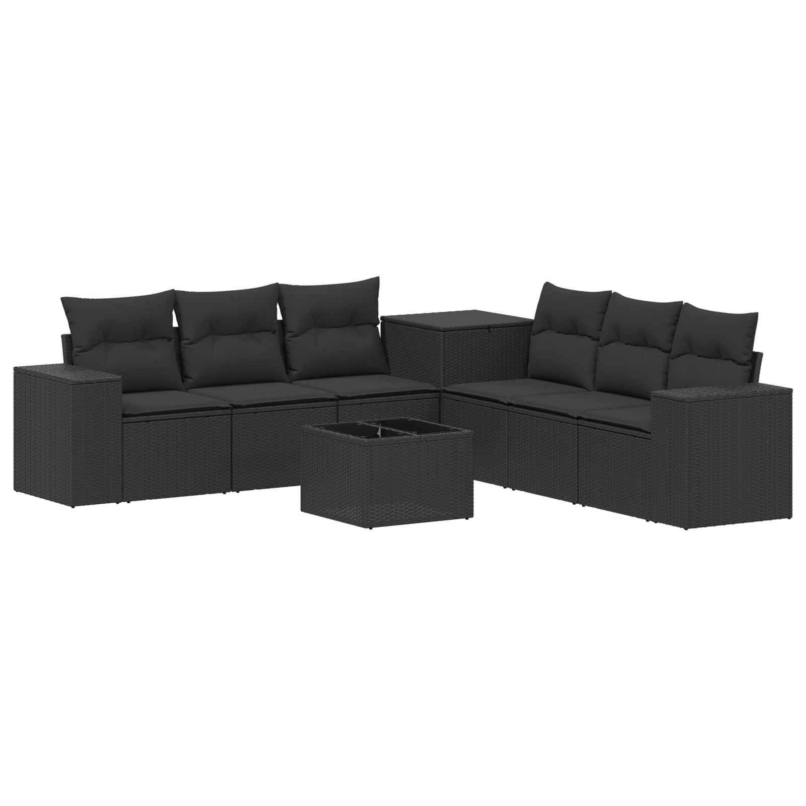Schwarzes modulares Outdoor-Lounge-Sofa-Set mit Kissen, Mitteltisch und quadratischem Couchtisch auf weißem Hintergrund.