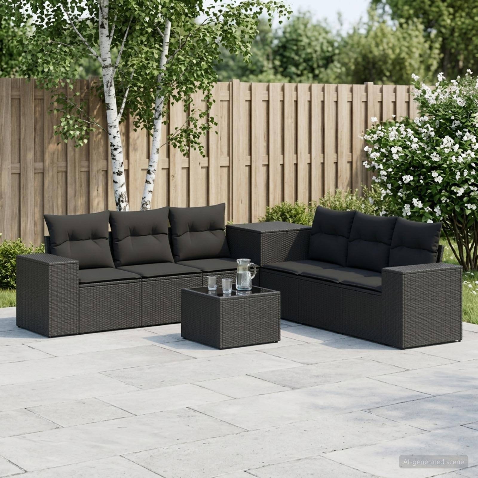 Schwarzes Korbgeflecht-Außensofa-Set mit Couchtisch auf einer Terrasse, im Garten neben einem Holzzaun und blühenden Sträuchern.