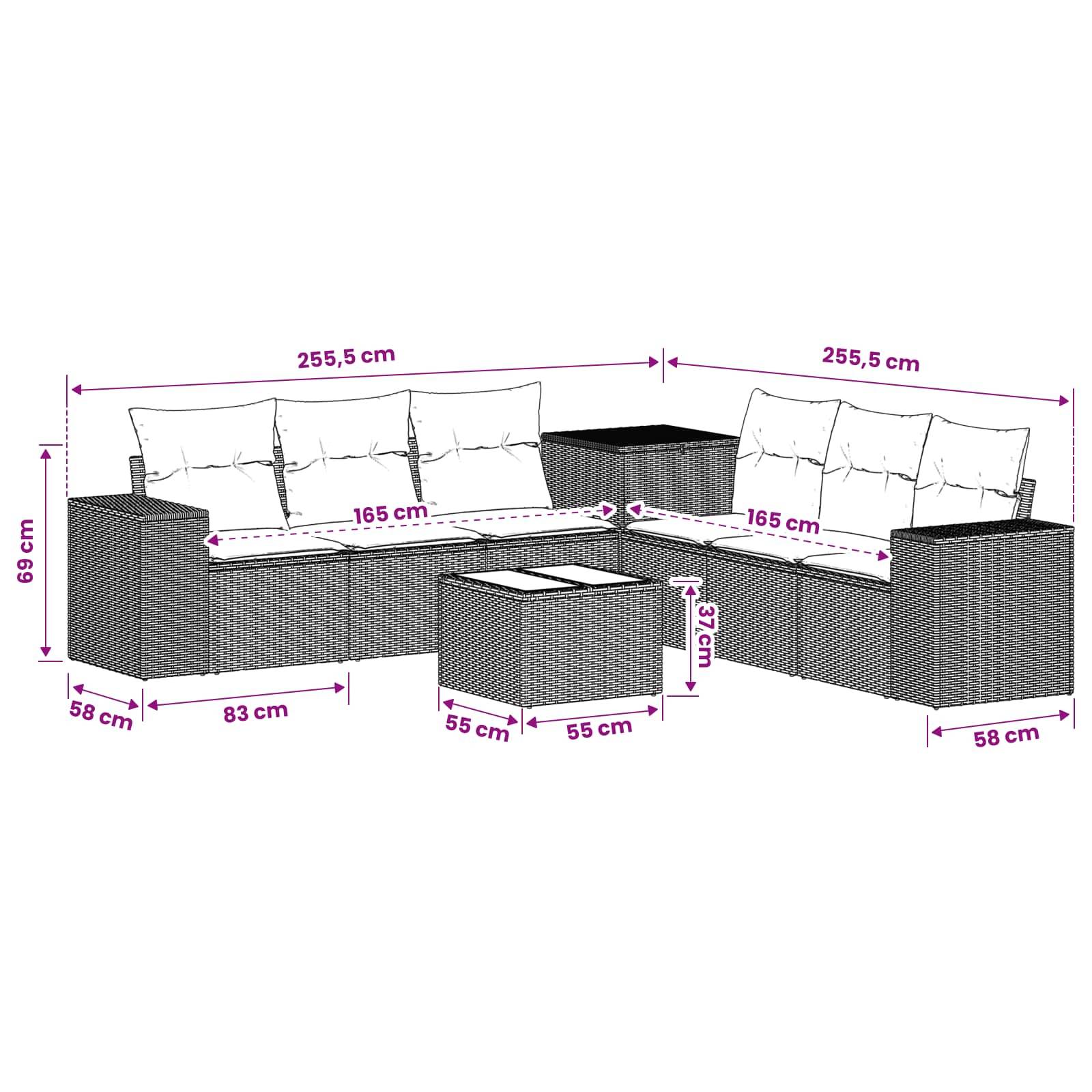 Maßstabgerechte Zeichnung eines Outdoor-Rattan-Sitzmöbelsystems mit Eckteilen, Beistelltischen und Sitzkubus mit Abmessungen für Gesamtgröße und Sitzhöhe in Zentimetern.