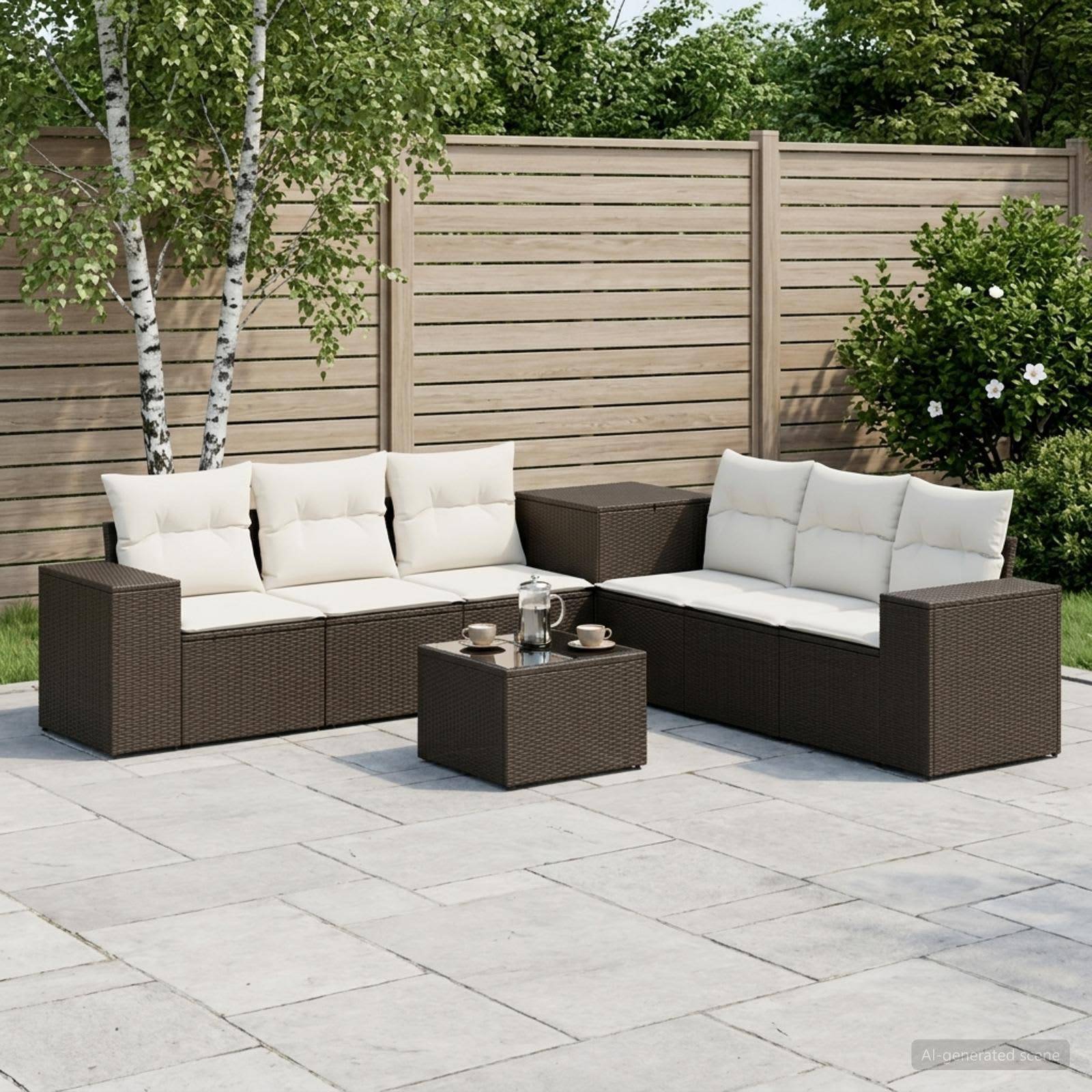 Outdoor-Terrassensitzgarnitur mit zwei Rattansofas, einem passenden Couchtisch und Kissen auf einer gepflasterten Terrasse neben einem Holzzaun und Bäumen.