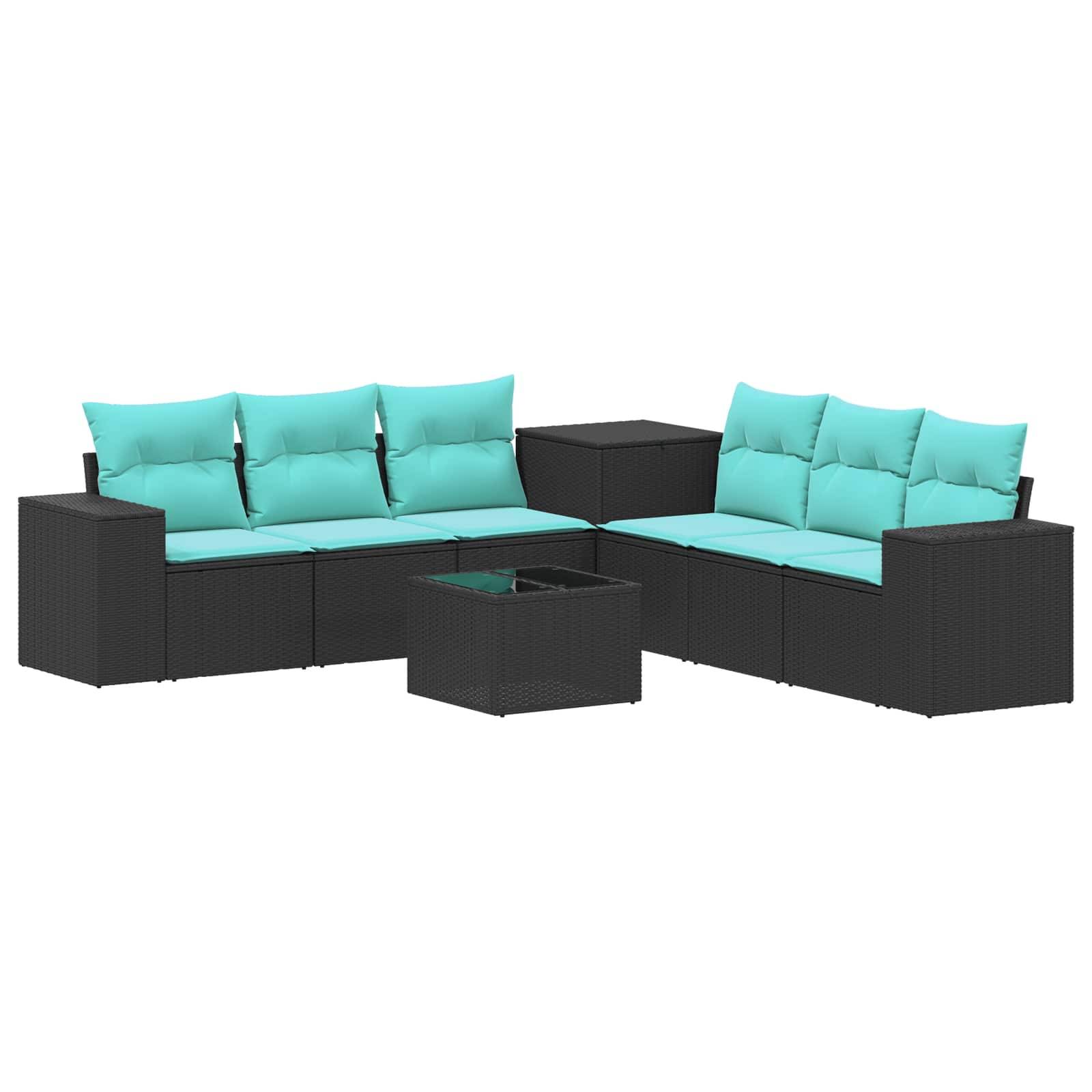 Schwarzes Polyrattan-Terrassen-Ecksofa-Set mit türkisfarbenen Kissen und passenden Kaffee- und Beistelltischen auf weißem Hintergrund.