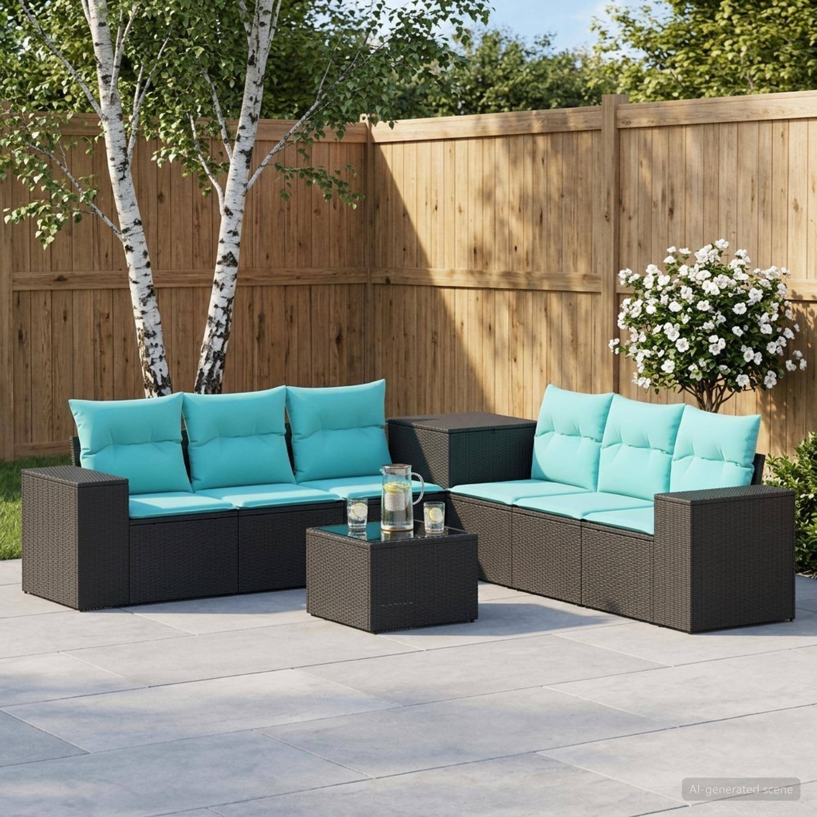Outdoor-Sitzgarnitur auf einer Terrasse mit zwei dunkelbraunen Rattansofas, türkisfarbenen Kissen und einem kleinen Couchtisch auf einem gepflasterten Deck neben einem Holzzaun und Bäumen.