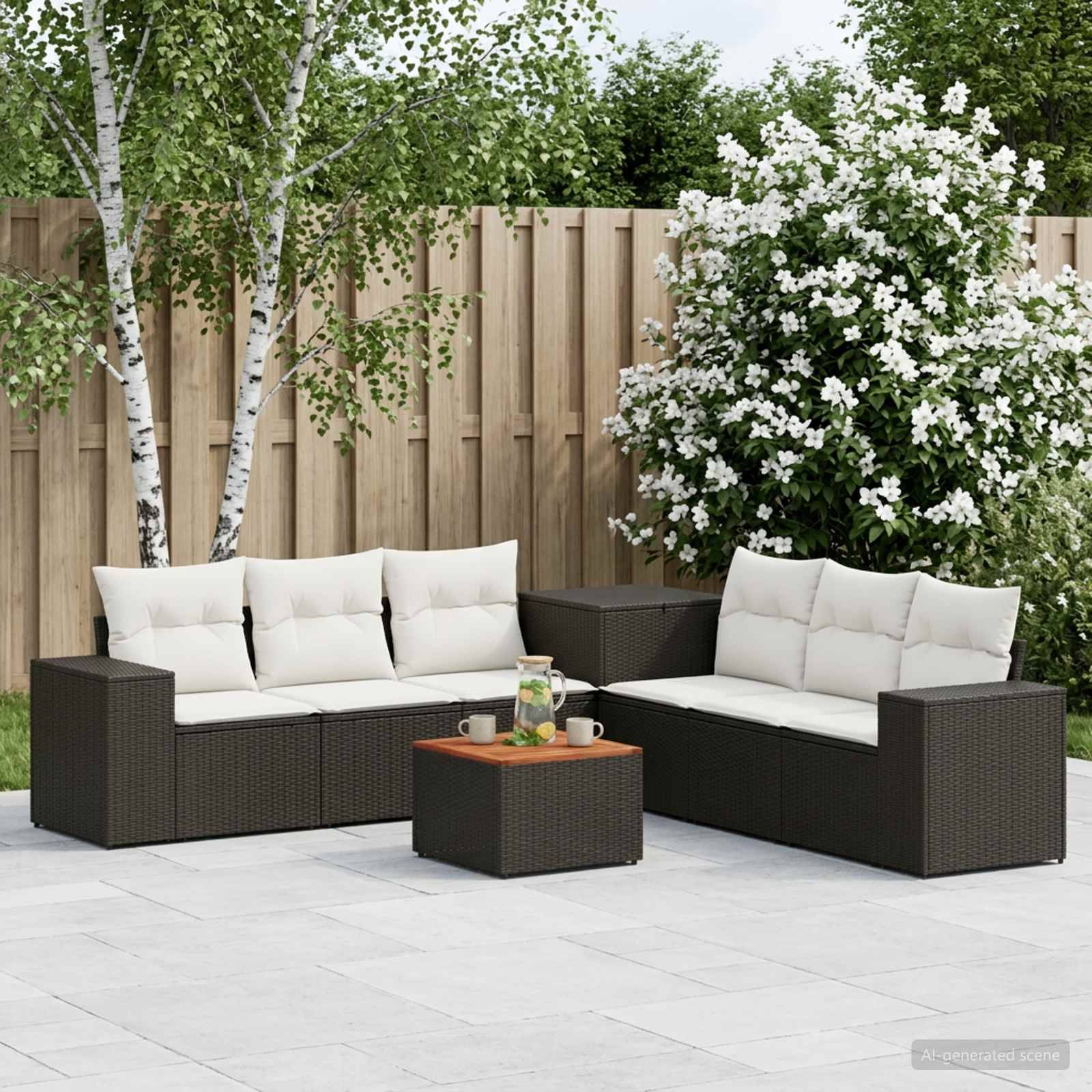 Außensitzbereich auf der Terrasse mit zwei schwarzen Rattansesfeln, weißen Kissen und einem Couchtisch, aufgestellt neben einem Holzzaun und blühenden Sträuchern.