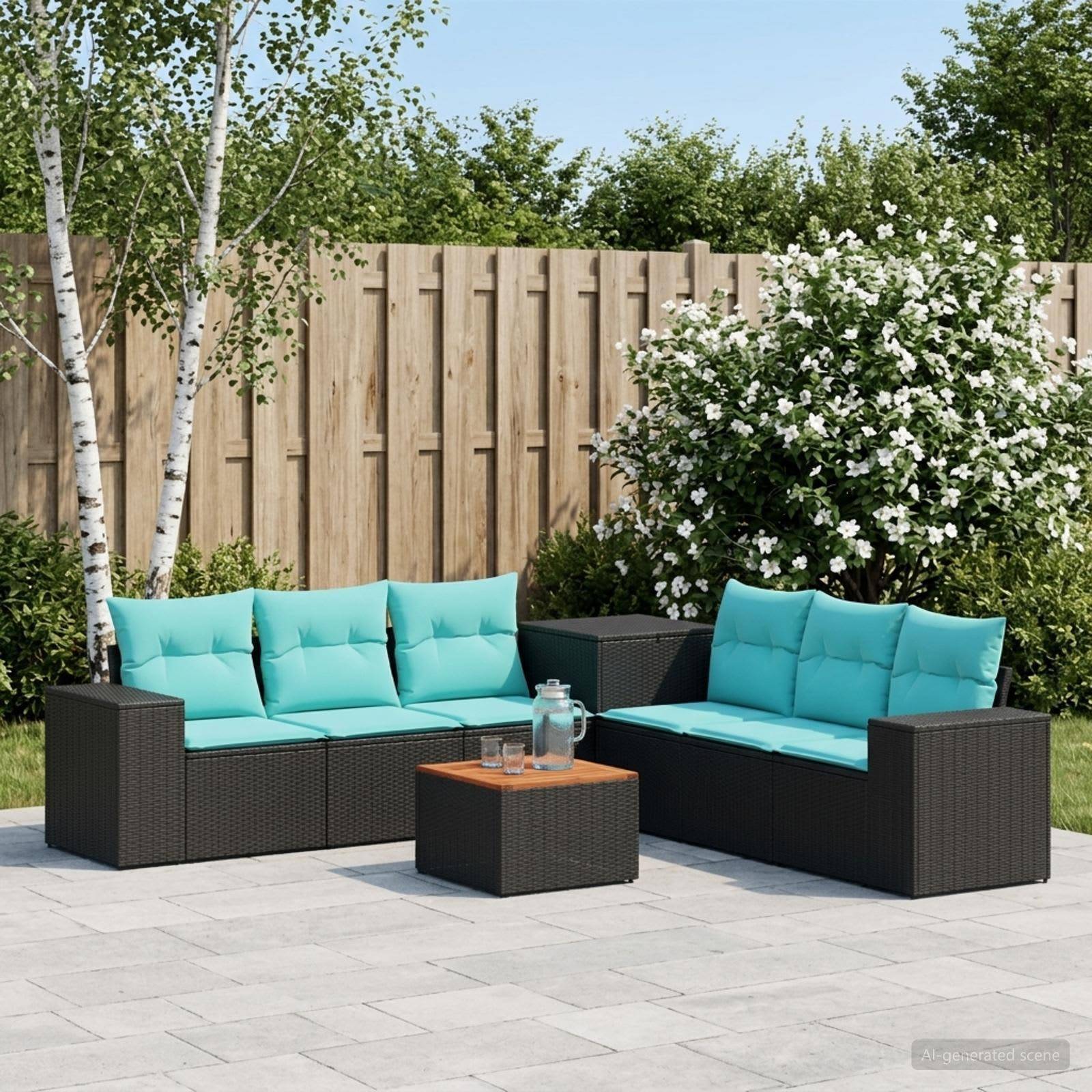 Outdoor-Terrassenmöbel-Set mit zwei schwarzen Korbsofas, türkisfarbenen Kissen und einem kleinen Tisch mit einer Kanne, vor einem Holzzaun und Gartenstruuchern.