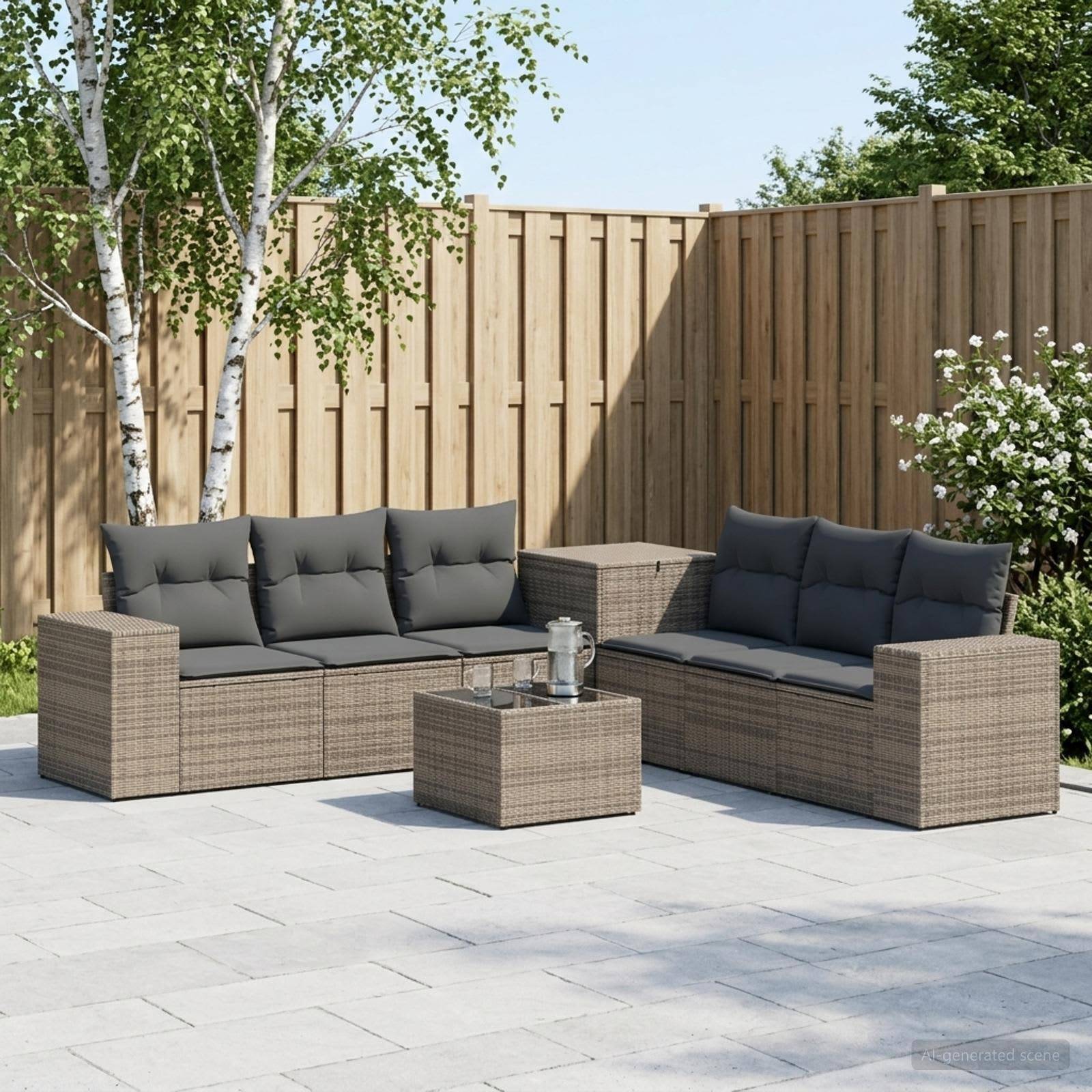 Outdoor-Terrassensitzgruppe mit zwei Korbsofas, passendem Couchtisch und dunklen Kissen auf einer gepflasterten Terrasse neben einem Holzzaun und Bäumen.