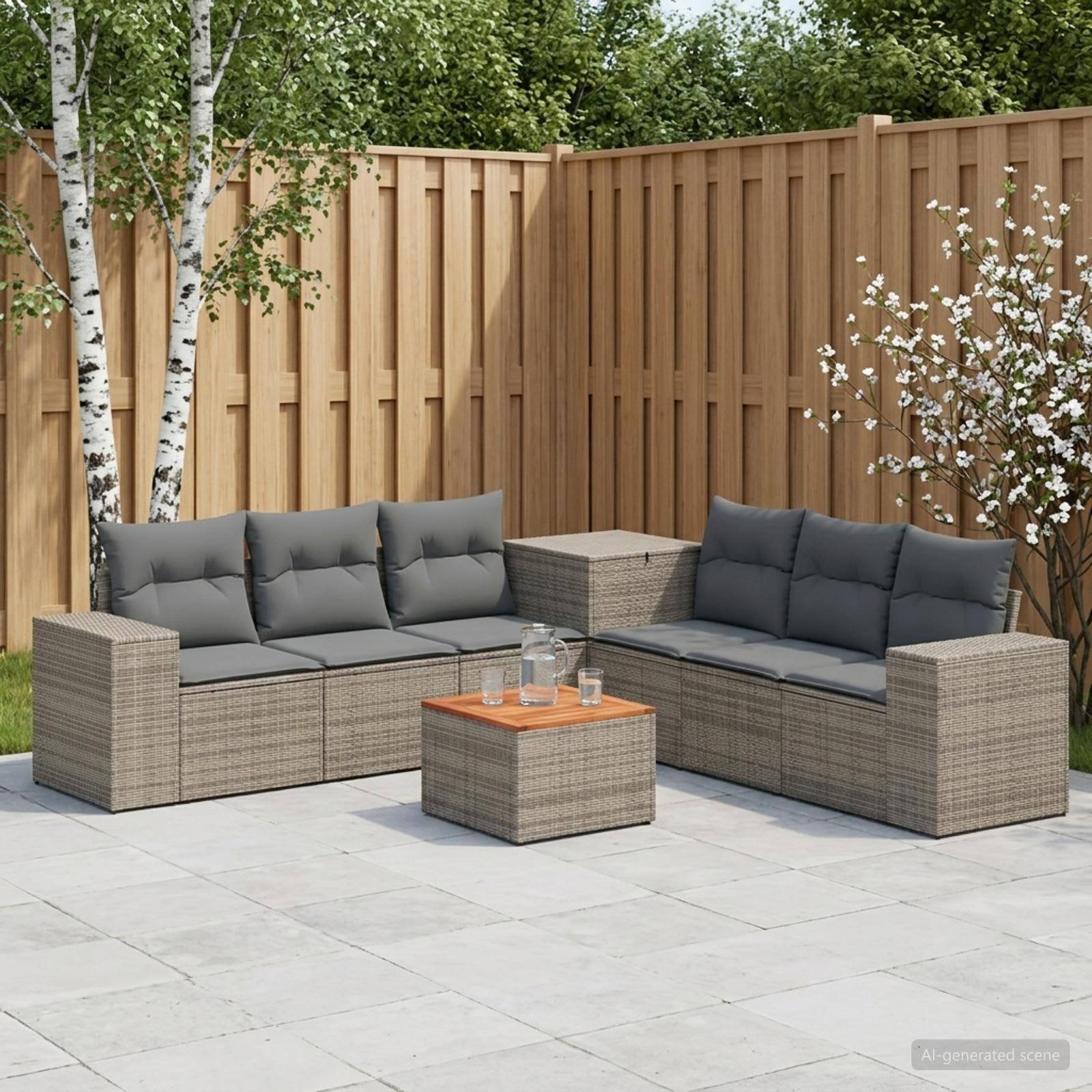 Outdoor-Sitzbereich auf der Terrasse mit zwei grauen Polyrattan-Sofas, einem passenden Hocker und Couchtisch, vor einem Holzzaun und Bäumen positioniert.