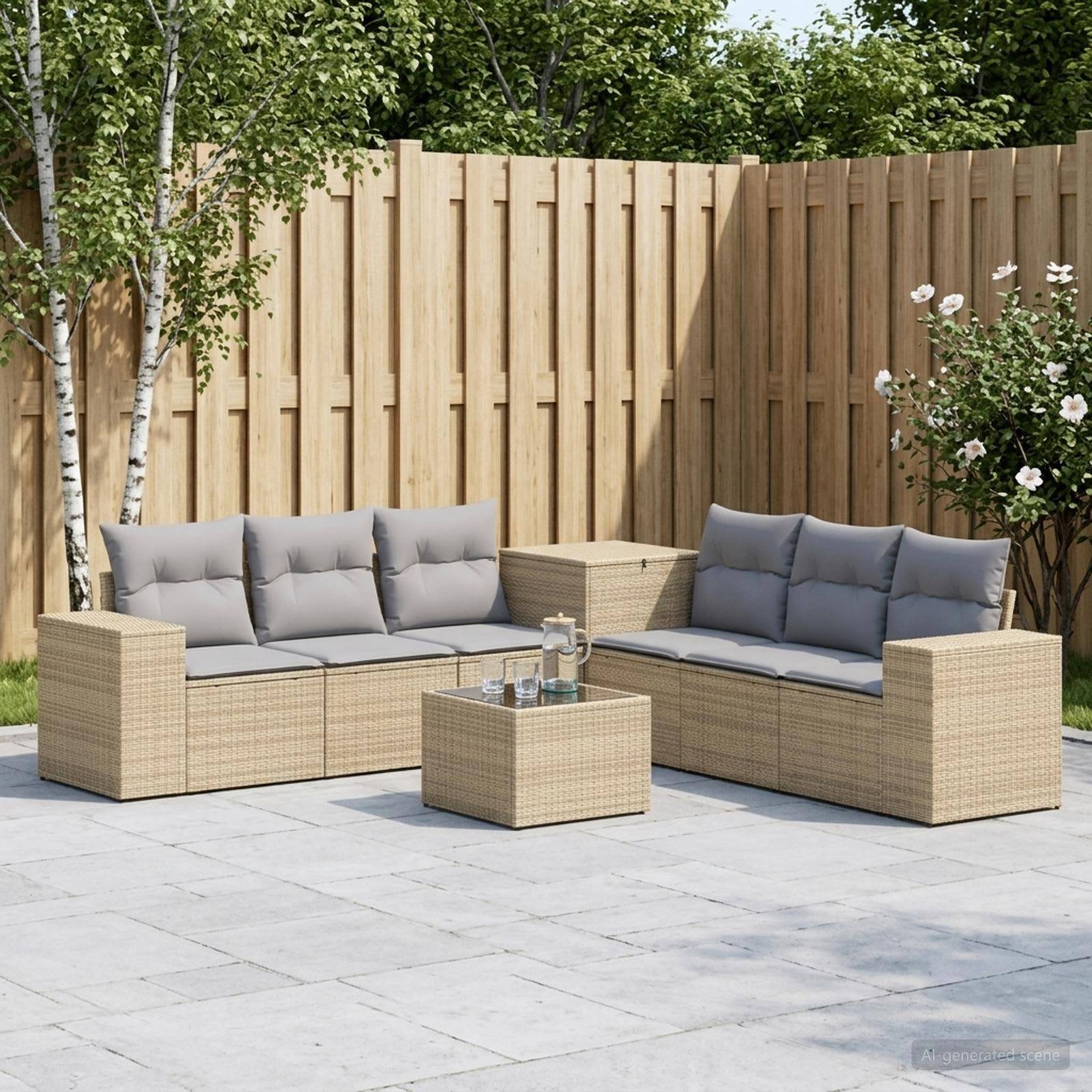 Gartenmöbel-Set für die Terrasse mit zwei Rattan-Sofas, einem kleinen Couchtisch und grauen Kissen, angeordnet auf einer gepflasterten Terrasse neben einem Holzzaun und blühenden Sträuchern.