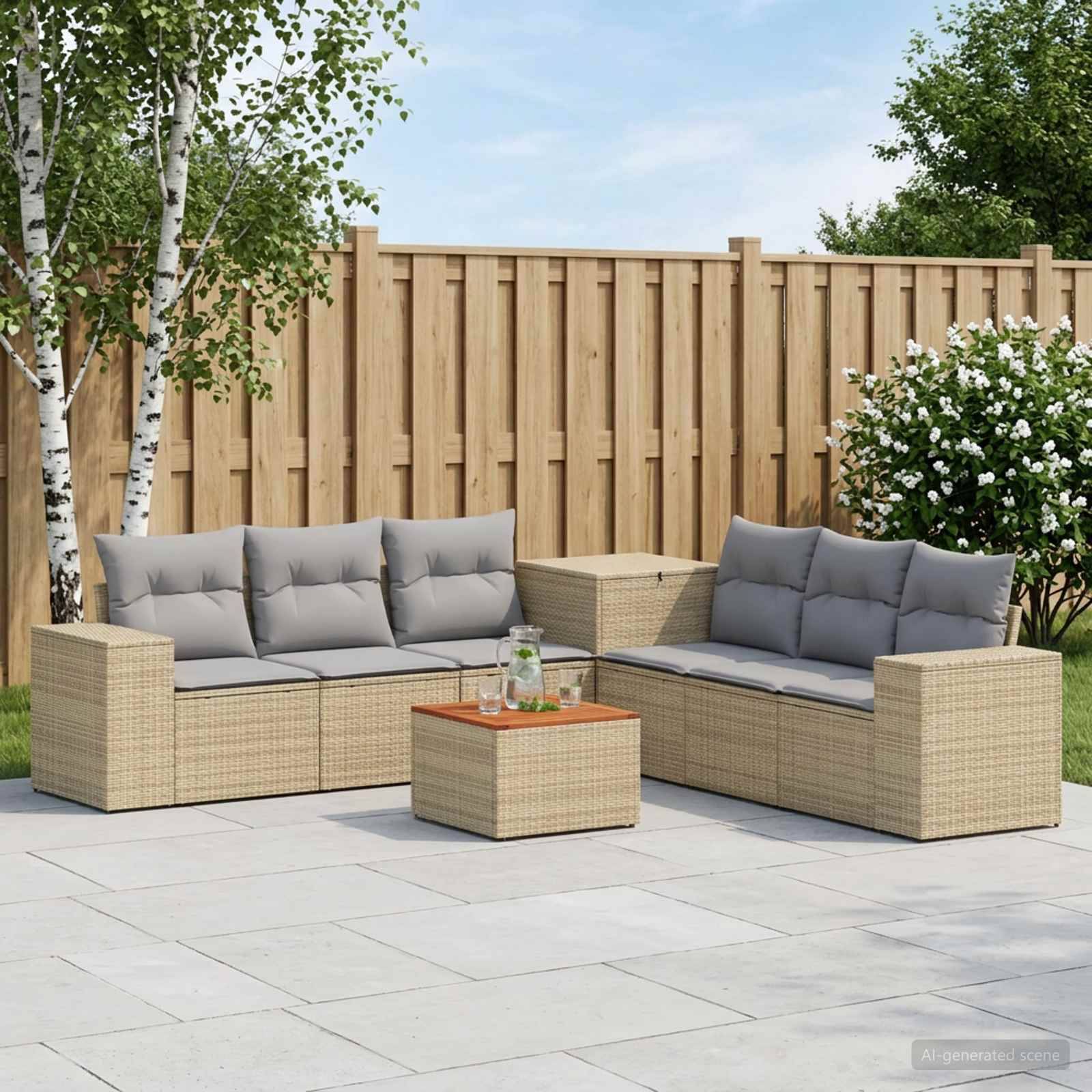 Sitzgruppe für die Terrasse im Freien mit zwei Korbsofas, einem kleinen Tisch und Kissen auf einer gefliesten Terrasse neben einem Holzzaun und Sträuchern.