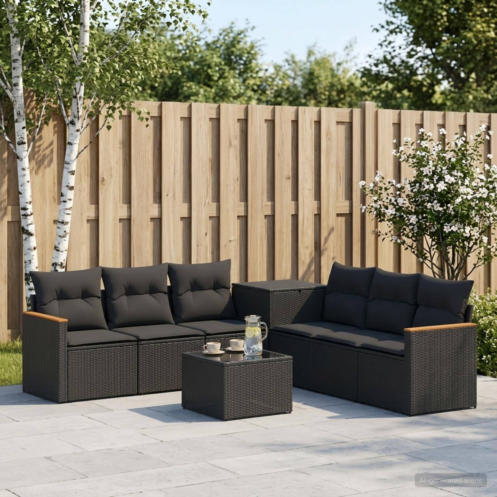 Gartenmöbel-Sitzgarnitur im Freien mit zwei schwarzen Rattan-Sofas, einem Couchtisch und Getränken auf einer gefliesten Terrasse neben einem Holzzaun und Bäumen.