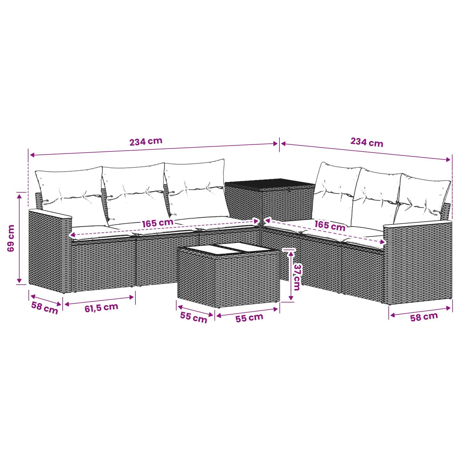 Diagramm einer modularen Outdoor-Eckgarnitur mit zwei gekrümmten Zweisitzern, passendem Ottomane und Beistelltisch; beschriftete Abmessungen zeigen 234 cm pro Seite, 165 cm Sitzhöhe, 69 cm Höhe, 58 cm Tiefe.