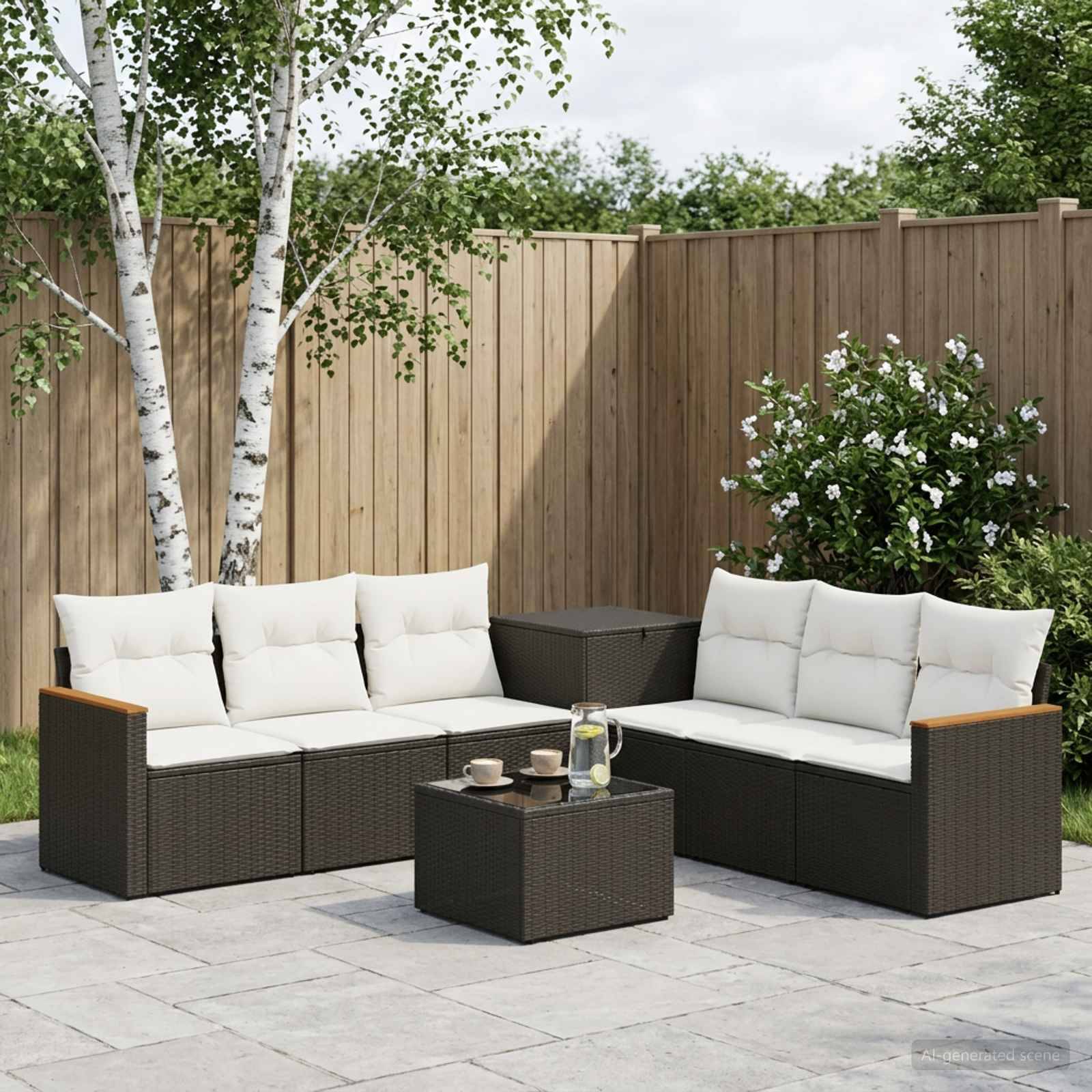 Außenbereich mit Terrassenmöbeln bestehend aus zwei Korbsofas, einem Couchtisch und einem kleinen Beistelltisch in einem eingezäunten Garten.