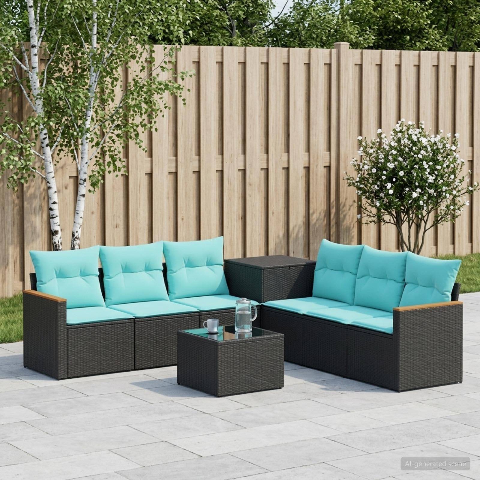Outdoor-Terrassenmöbel-Set mit zwei schwarzen Rattanmöbeln, türkisfarbenen Kissen und einem kleinen Couchtisch auf einer Steinterrasse neben einem Holzzaun und Bäumen.