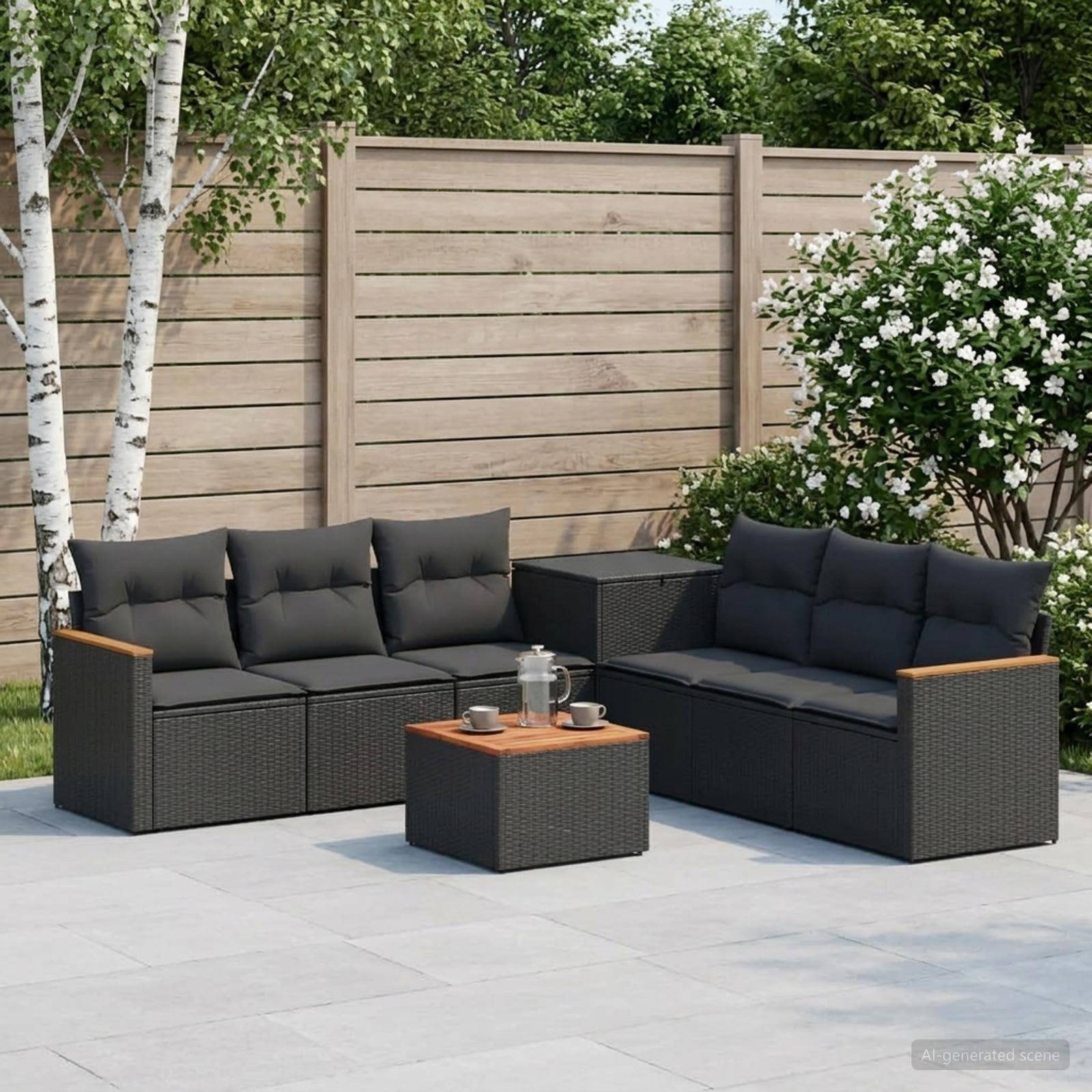 Gartenmöbel-Set für die Terrasse mit zwei schwarzen Korbsofas und einem kleinen Tisch auf einer Steinterrasse, neben einem Holzzaun und blühenden Sträuchern.