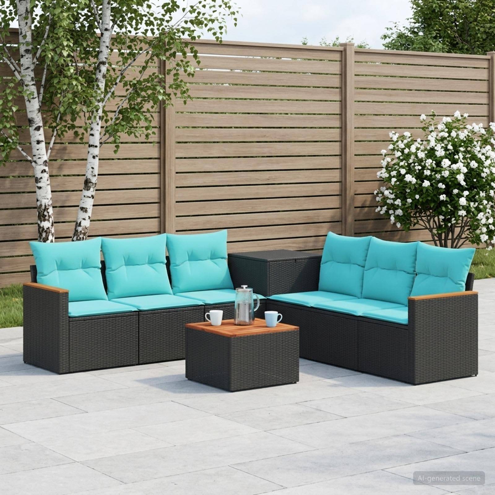 Outdoor-Sitzgarnitur für die Terrasse mit zwei schwarzen Korbsofas, türkisfarbenen Kissen und einem kleinen Couchtisch auf einer Steinterrasse neben einem Holzzaun und blühenden Sträuchern.