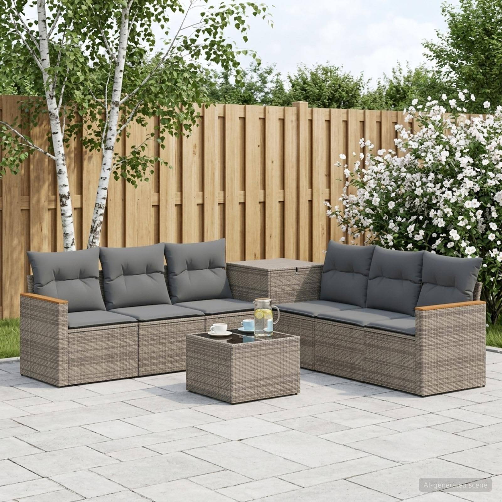 Gartenplatz-Sitzkombination mit zwei Korbsofas, einem kleinen Tisch und einem Couchtisch auf einer gepflasterten Terrasse neben einem Holzzaun und blühenden Sträuchern.